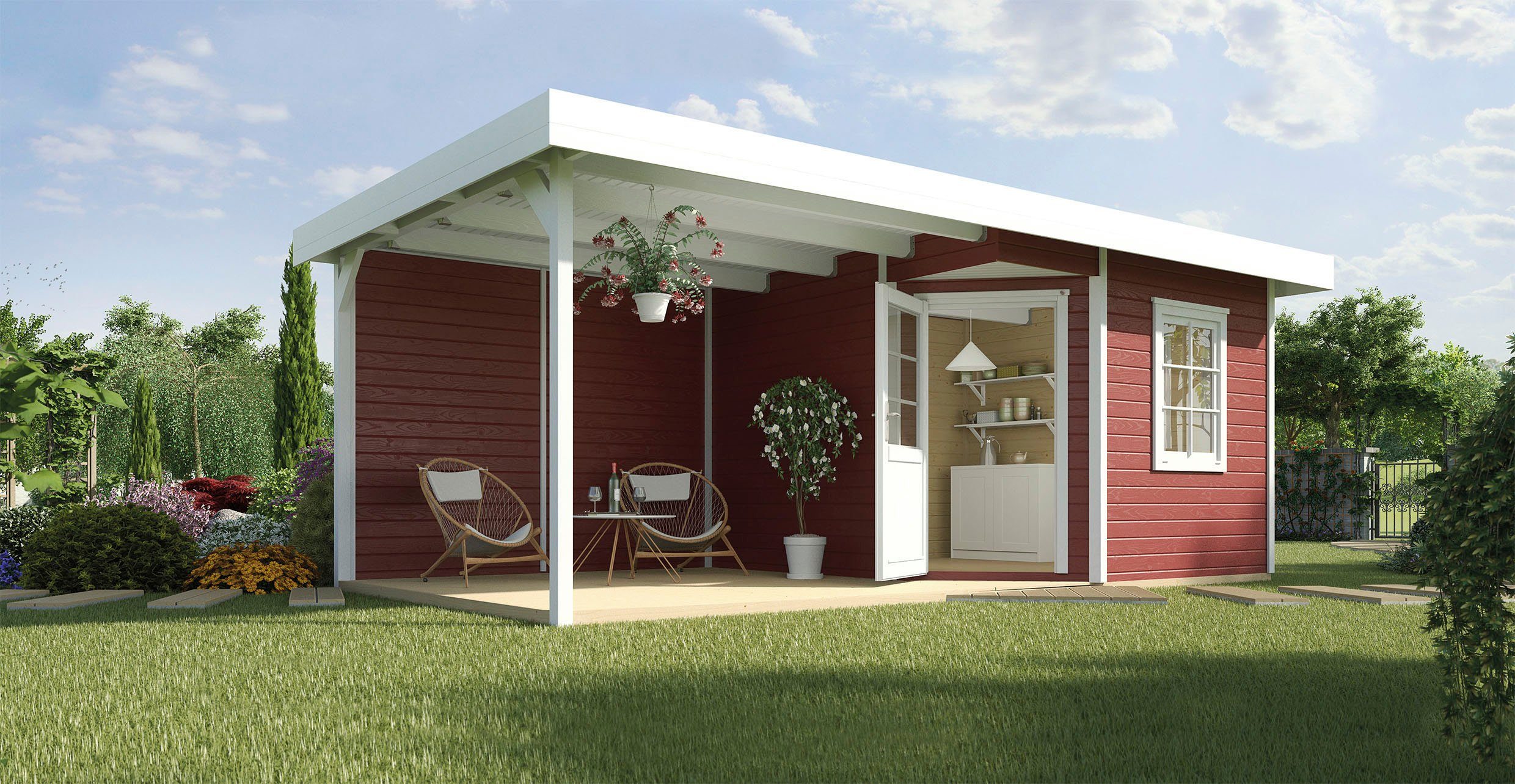 und Anbaudach Gartenhaus Designhaus cm, Plus, 645x339 BxT: 213 Rückwand (Set), mit weka