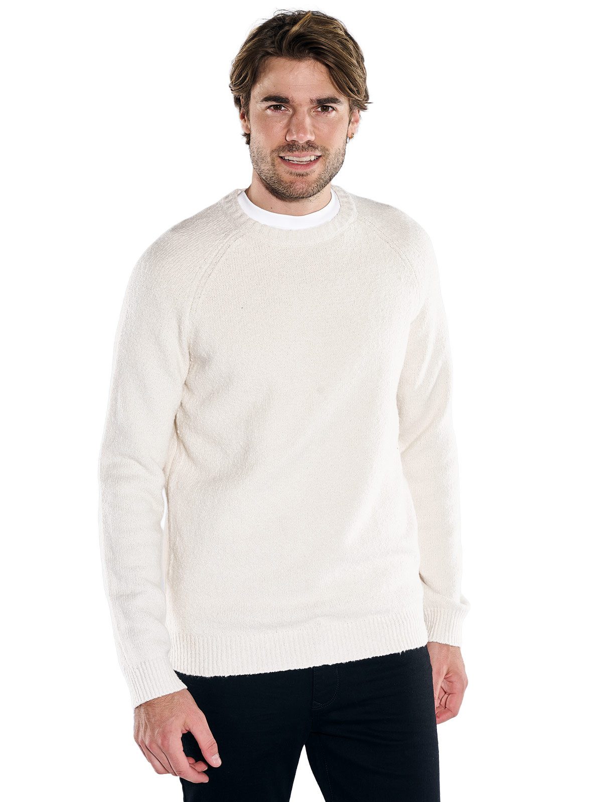 emilio adani Rundhalspullover Herren Strickpullover aus Bouclegarn, Reinweiss
