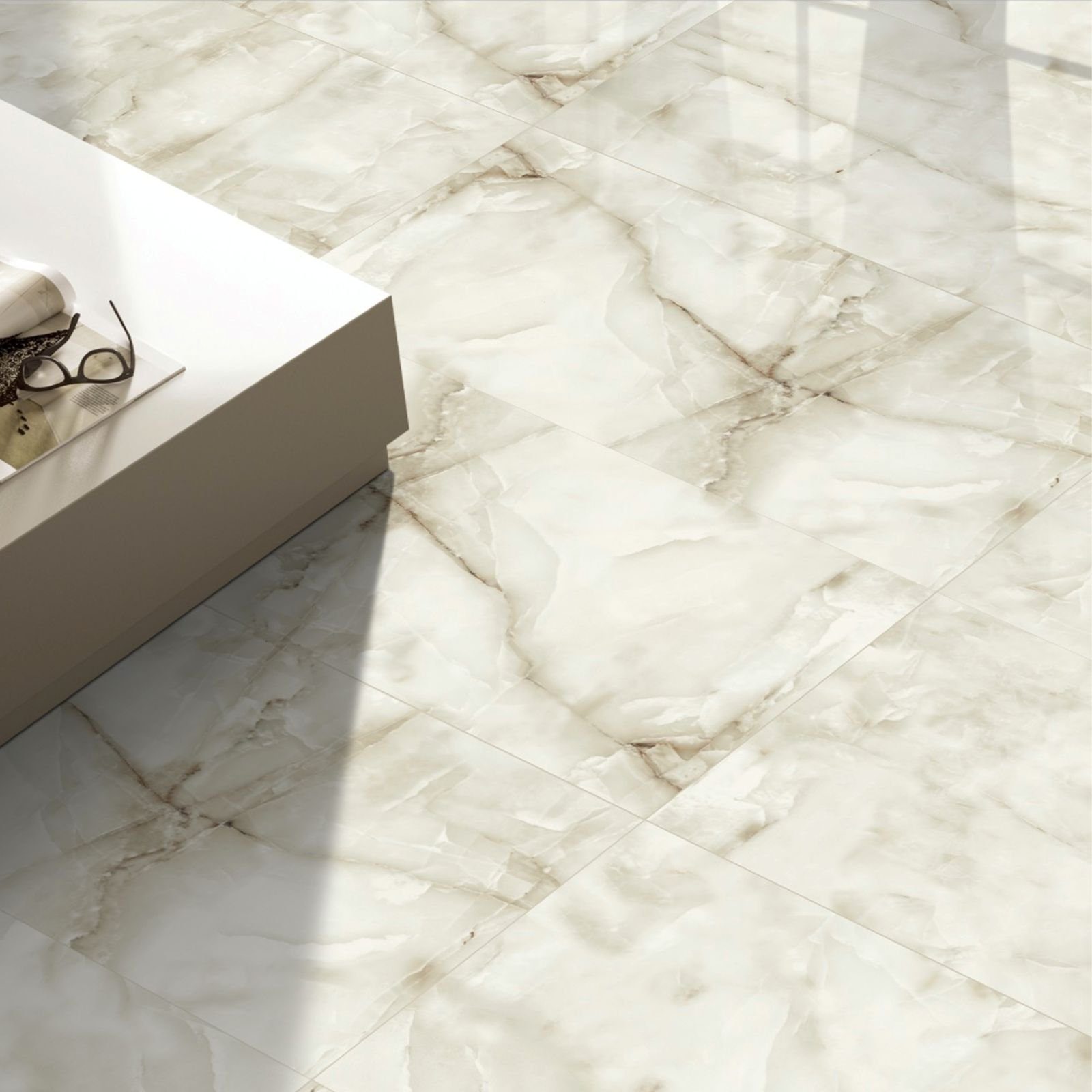 Wandfliese 1 Paket (1,44 m2) Fliesen ONYX SAND (60 × 120 cm), poliert, beige, Marmoroptik Steinoptik Küche Wand Bad Flur Wandverkleidung Duschwand