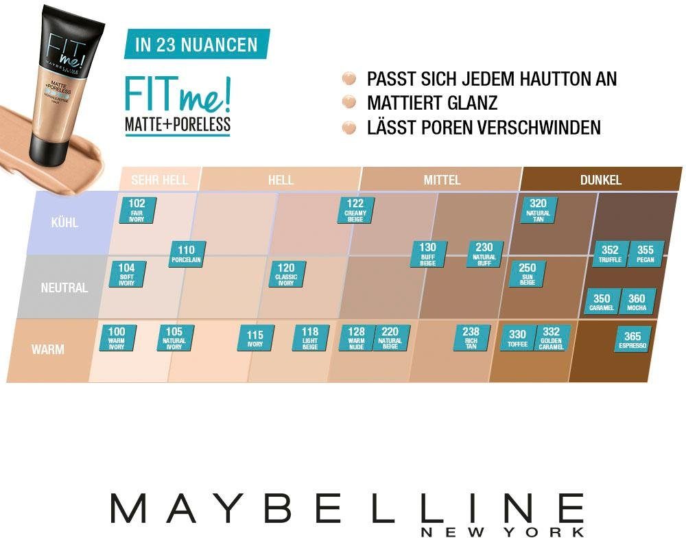 MAYBELLINE NEW YORK Foundation FIT ME! MATTE + PORELESS MAKE-UP, für einen natürlich mattierten Teint, leichte bis mittlere Deckkraft