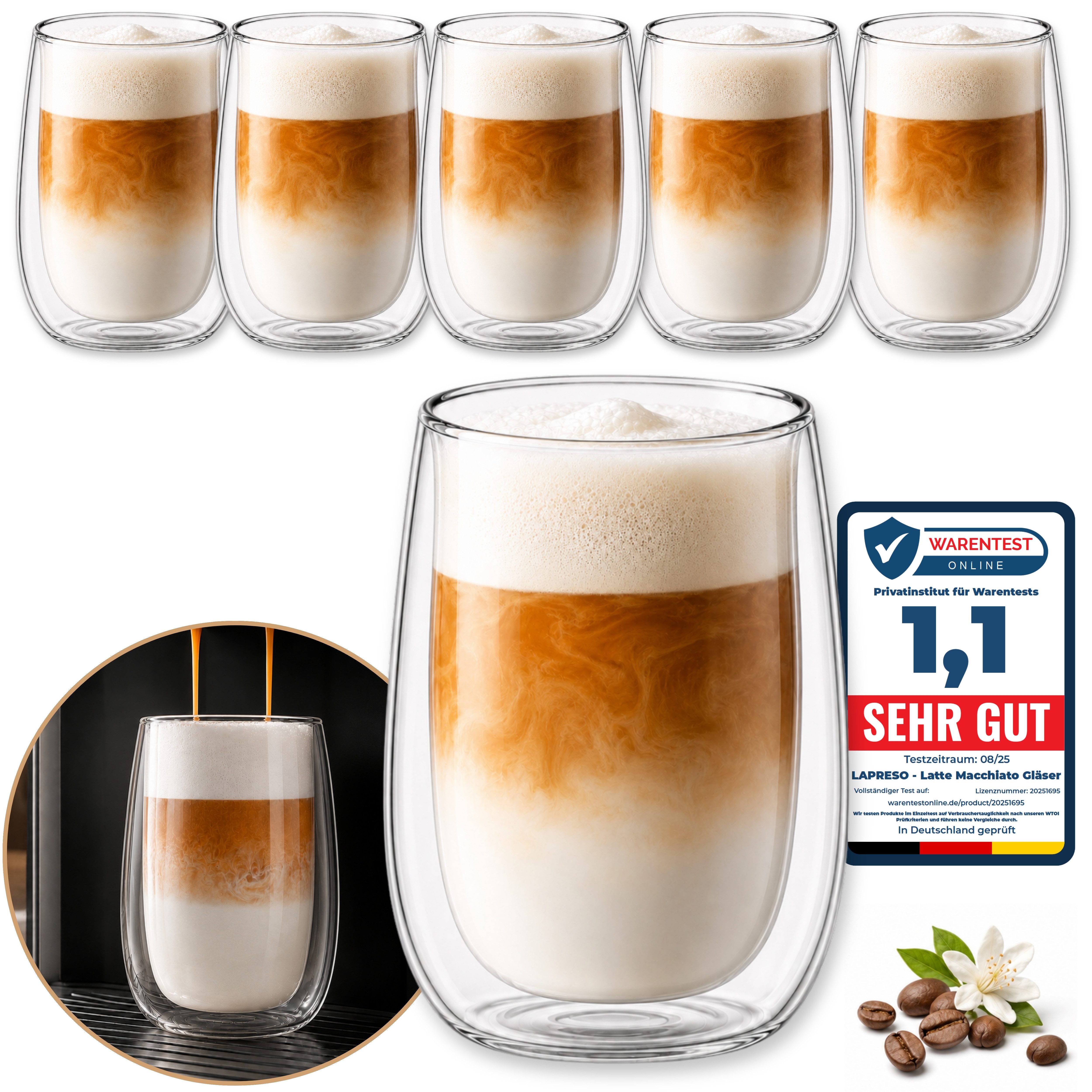 LAPRESO Latte-Macchiato-Glas Doppelwandig Thermogläser Kaffeegläser Set 350 ml, 6-tlg., Borosilikatglas, 6er Set