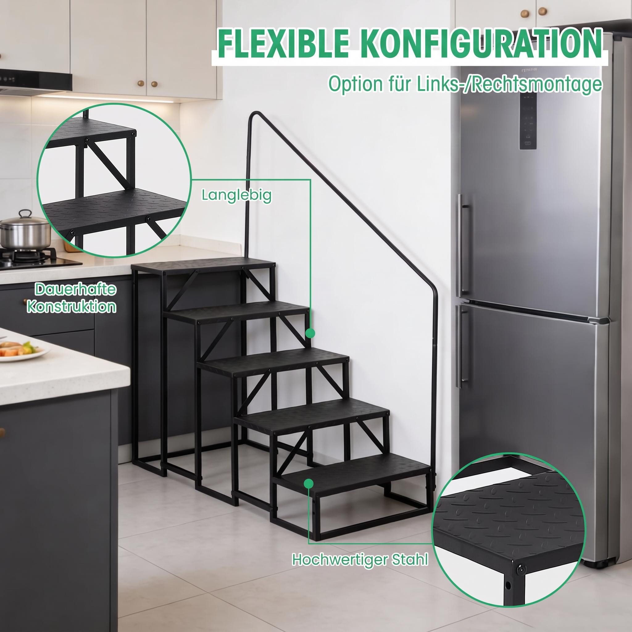GarveeMore Außentreppe Treppenhandlauf aus Carbonstahl mit einseitigem Handlauf, rutschfest, für Geschosshöhen bis 90 cm, Stufen offen, (1-tlg), 4/5 Stufen für  – Bild 5 von 5