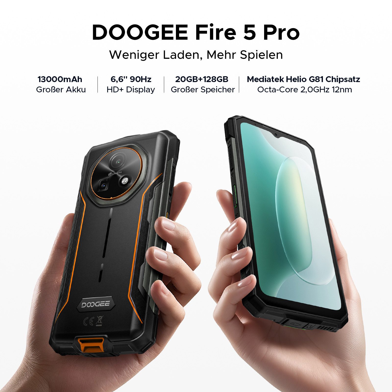 DOOGEE FIRE 5 PRO IP68/IP69K 13000mAh 6.6" 90Hz 128GB Android 15 Outdoor Smartphone (48 MP Kamera, 13MP 8MP erweiterbar auf 2TB 8W Schnellladung & 5W Reverse-Charging)