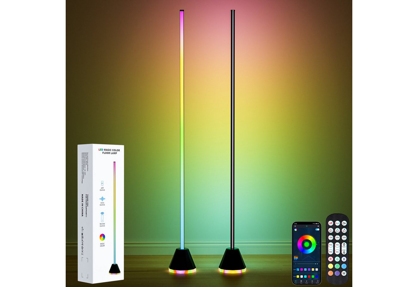 Lujasi LED Stehlampe RGBIC LED Stehlampe Wohnzimmer, dimmbar mit Fernbedienung & App, Timing -Funktion, LED fest integriert, warmes Licht, kaltes Licht, natürliche Licht, rgb, 16 Millionen DIY-Farben, Musik-Sync, Höhenverstellbare Ecklampe