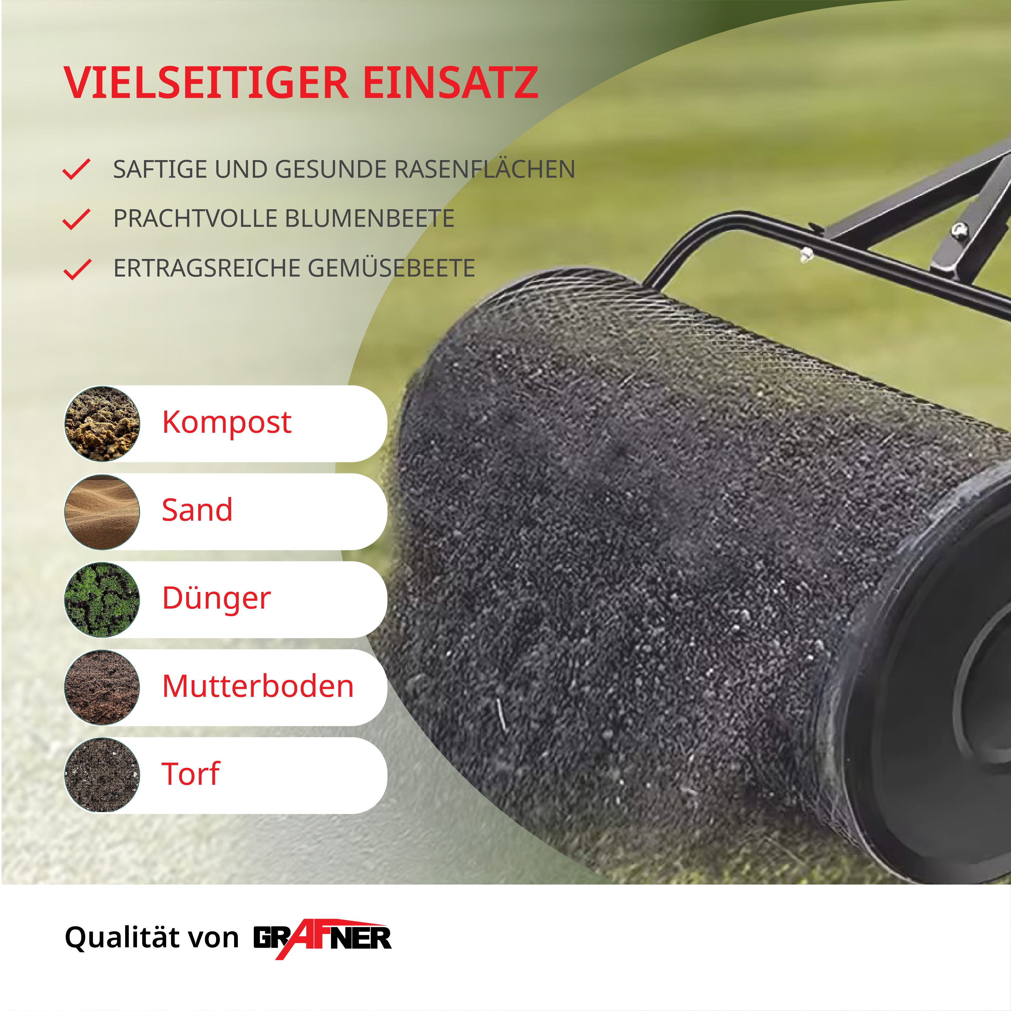 Grafner Streuwagen Rasenstreuer 68L Kompoststreuer Torfstreuer Düngerstreuer Garten, 60,00 cm Arbeitsbreite, 68,00 l Füllmenge, zum gleichmäßigen Ausbringen von Saaten, Dünger uvm.