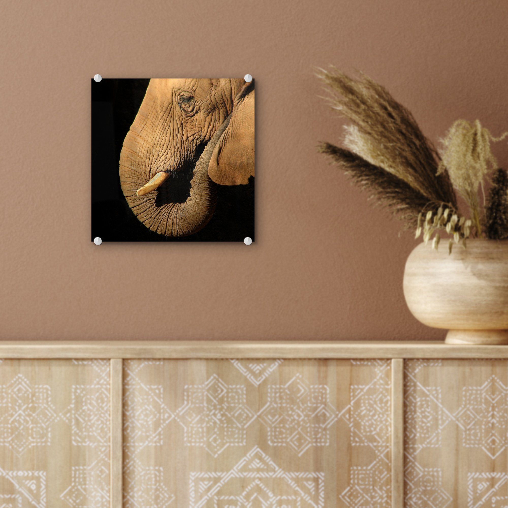 MuchoWow Acrylglasbild Elefant - Tiere Nahaufnahme (1 St), - Bilder Glasbilder - Glas - Wandbild auf Foto - Glas auf Schwarz, Wanddekoration 