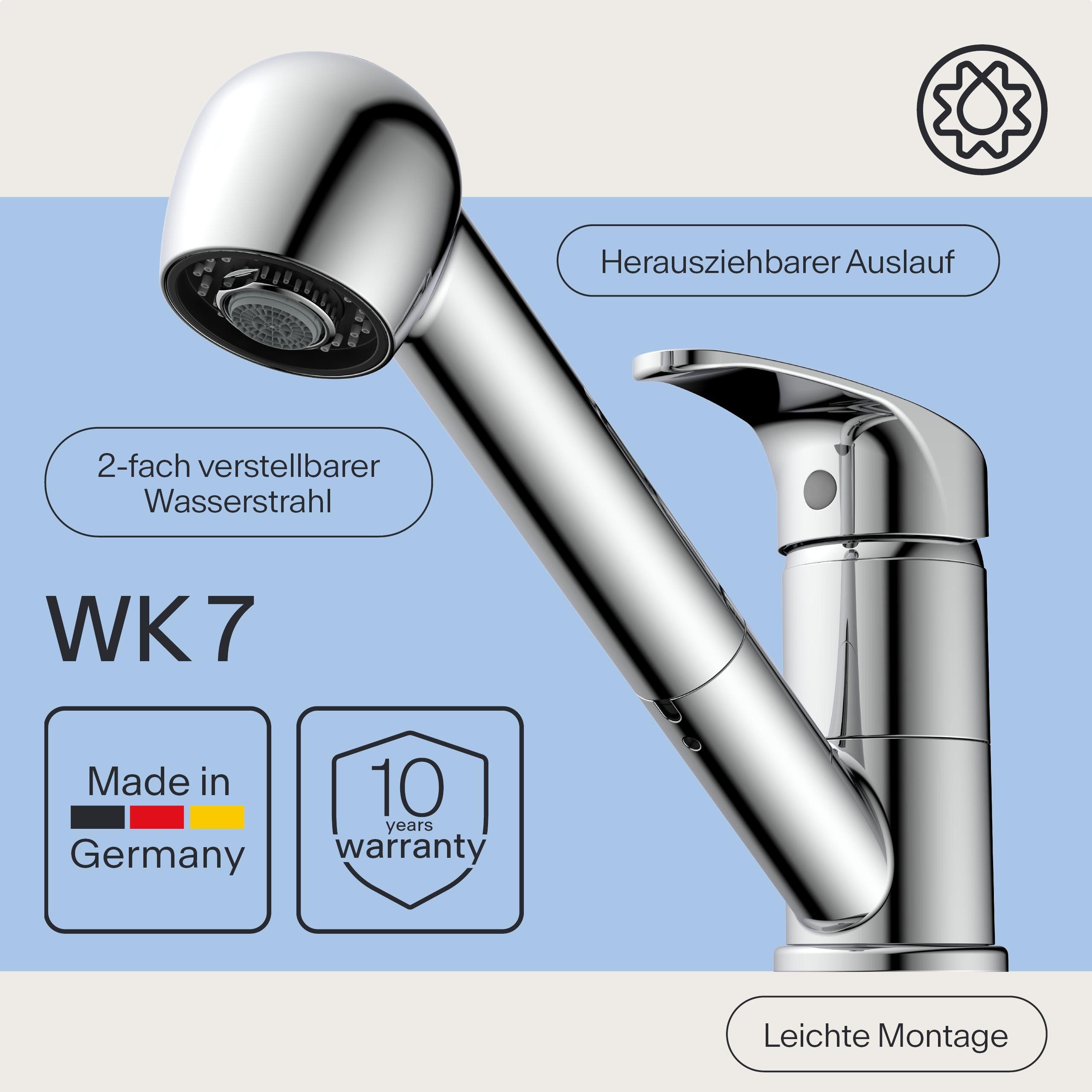 WASSERWERK Spültischarmatur WK 7, Wasserhahn, Küche, Einhebelmischer 90° schwenkbar, 2-fach verstellb., herausziehbar
