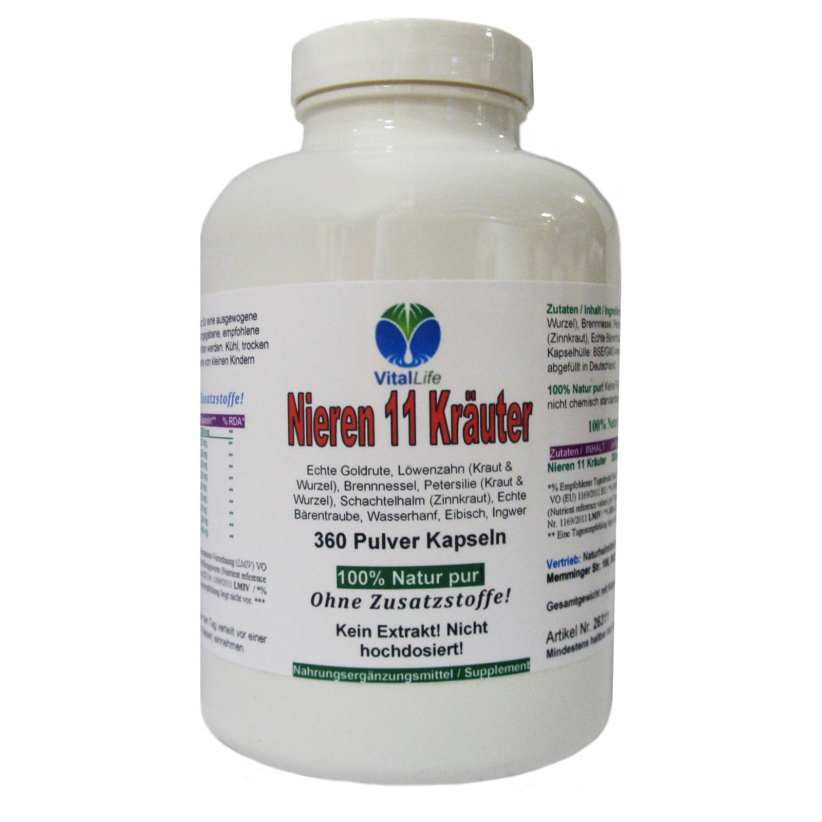 VitalLife Nieren 11 Kräuter "Nierenkräuter" NATUR Pur Ohne Zusatzsoffe Kapseln, 1 er Dose à 360 St., 170 g
