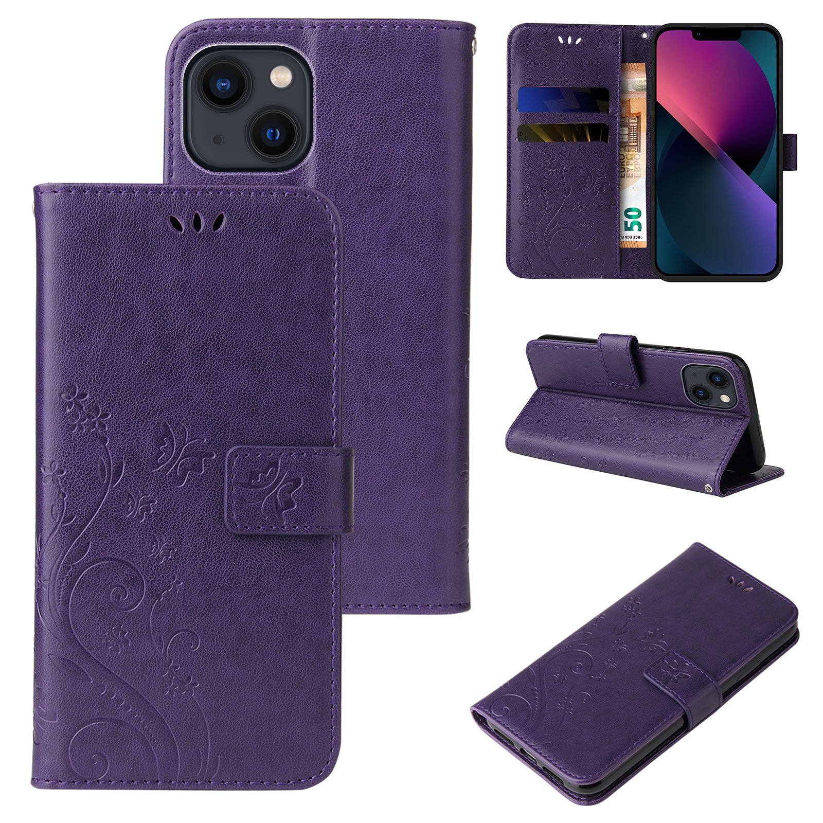 Tec-Expert Handyhülle Cover Tasche Hülle für Apple iPhone 14 6,1 Zoll, Klapphülle Case mit Kartenfach Fliphülle aufstellbar, Motiv Blumen