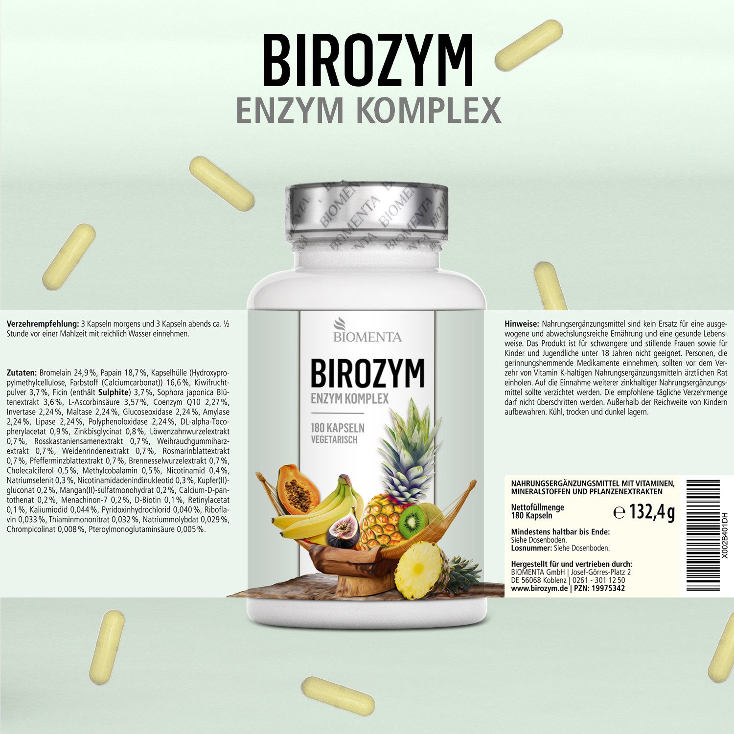 BIOMENTA BIROZYM Enzym Komplex - 180 Kapseln hochdosiert - Wirkstoffkomplex Kapseln, 180 St., 132.4 g
