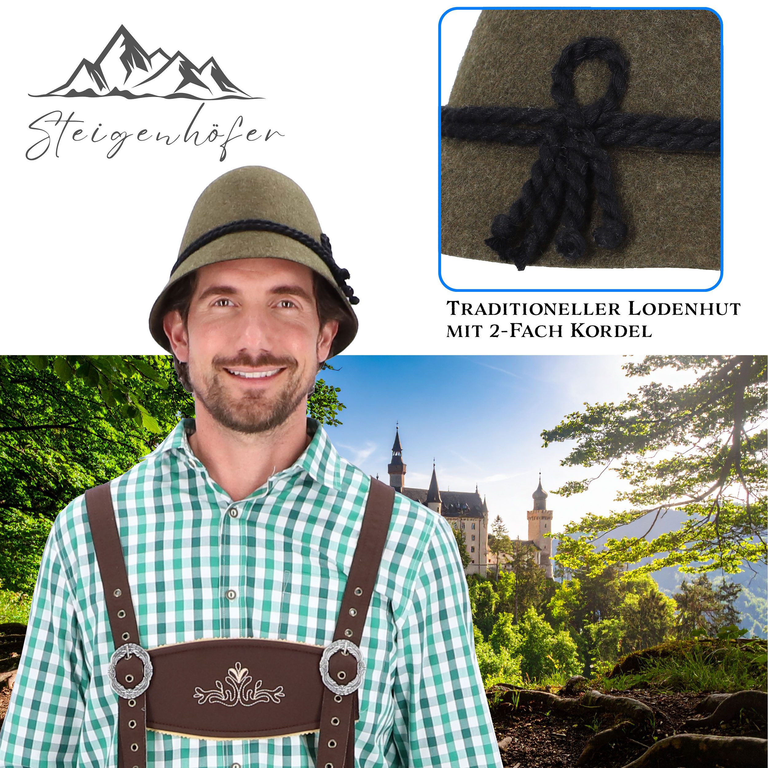 Steigenhöfer Manufaktur Trachtenhut Herren Heinrich - bayrischer Wanderhut Stopselhut aus 100% Schurwolle Schmale Krempe & Kordel - 2-Fach Kordel - Ideal fürs Oktoberfest