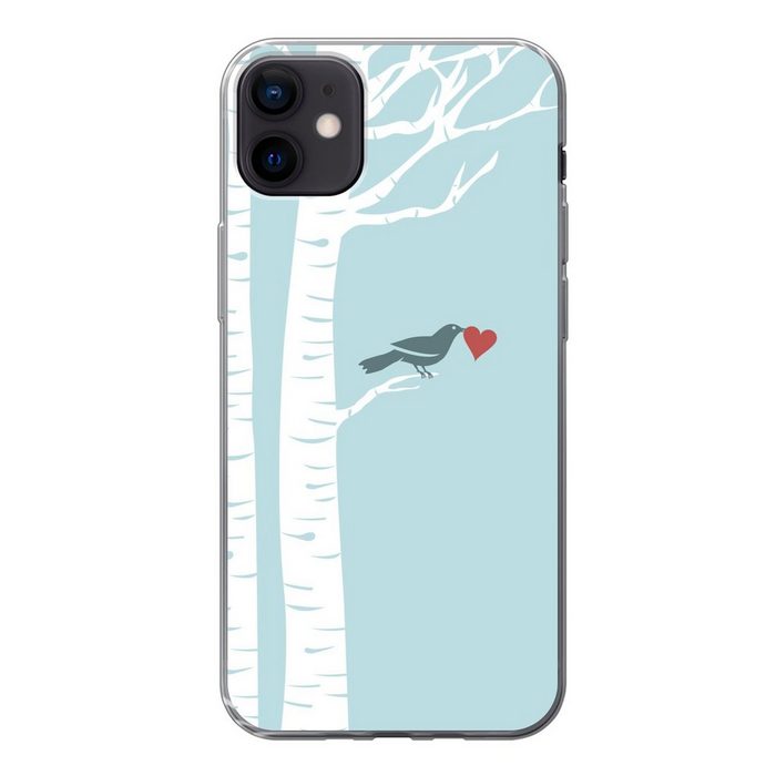 MuchoWow Handyhülle Eine Illustration eines Vogels mit Herz in einer Birke Handyhülle Apple iPhone 12 Mini Smartphone-Bumper Print Handy