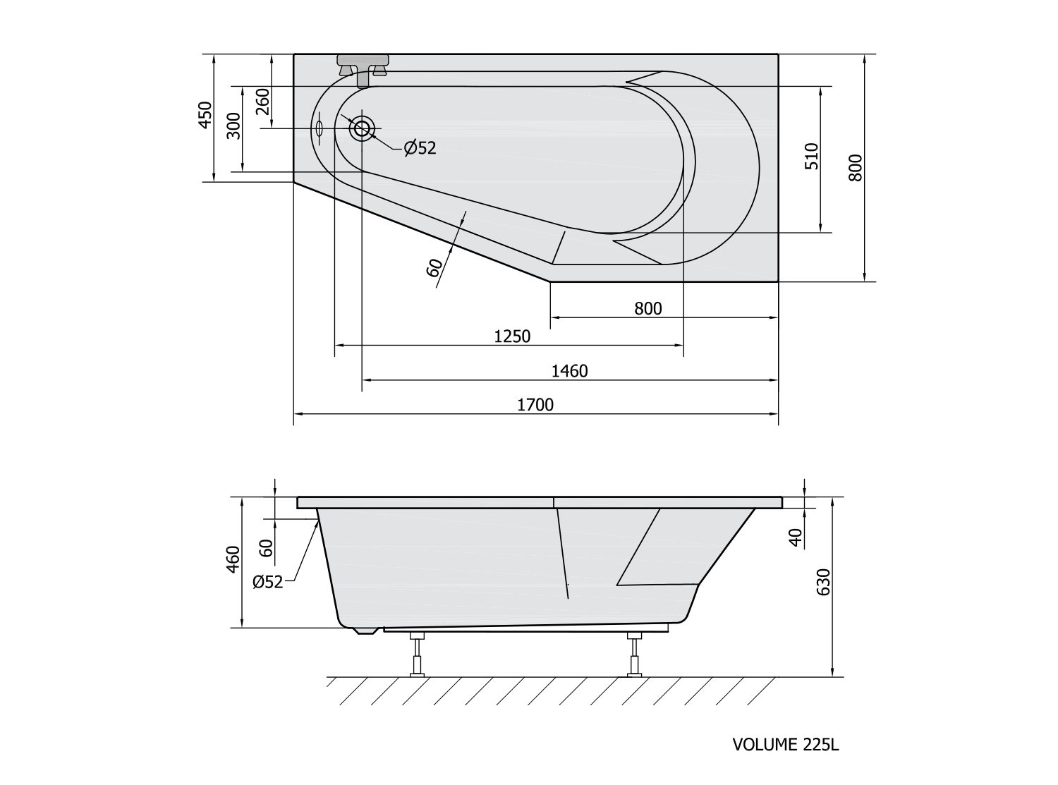 Polysan s.r.o. Eckwanne TIGRA R Asymmetrische Badewanne 170x80x46cm, rechts, weiß matt, Polysan-90611-11