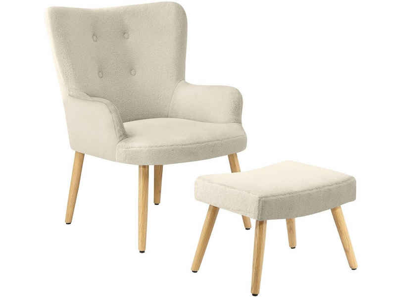 loft24 Sessel »Cora« (2-tlg. Set, Sessel mit Hocker), Relaxsessel mit Hocker, Fernsehsessel, Holzbeine, Skandinavischer Stil