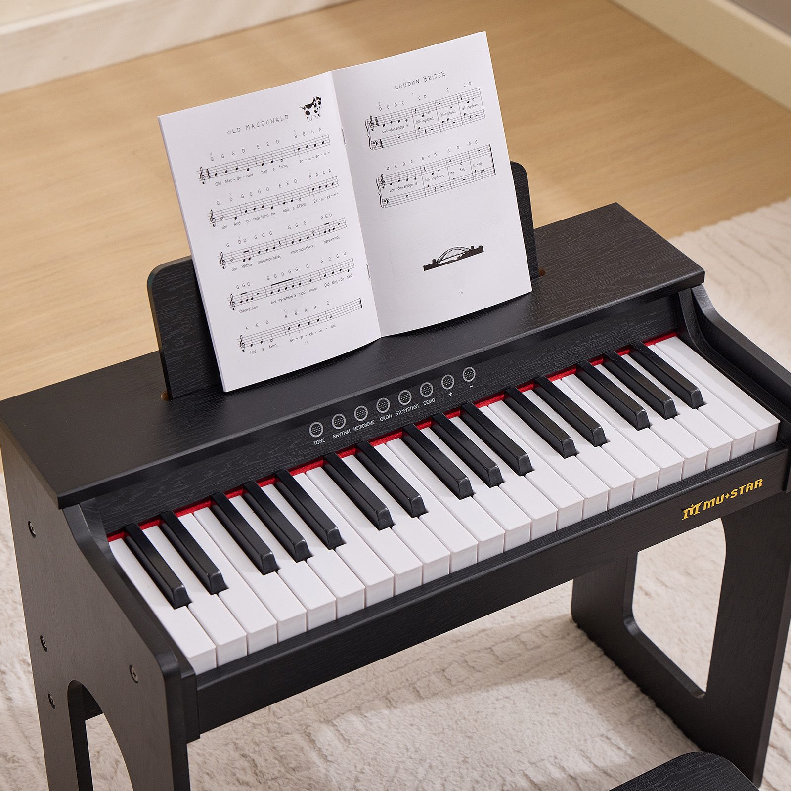 MUSTAR Klavier aus Holz mit Hocker, Notenbuch und Aufklebern, 37 Tasten (2-St., mit Piano Bench), 37 Tasten Kinderklavier, DIY Lernaufkleber & Tastaturaufkleber