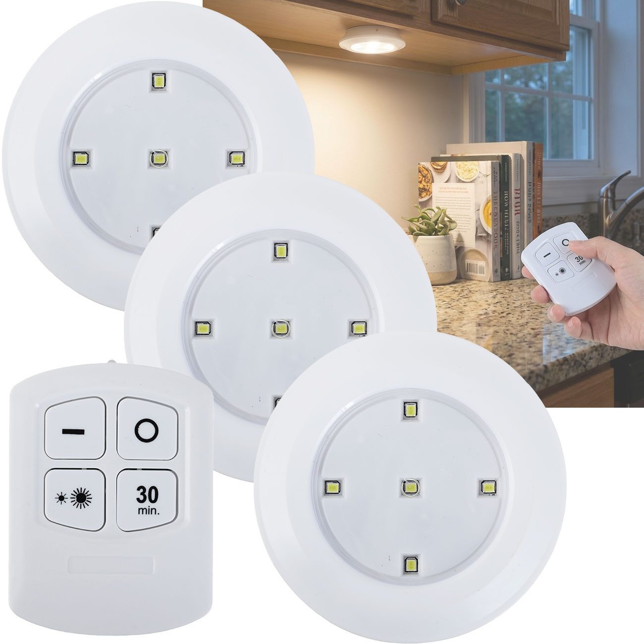 shop'n smile ideoon LED Unterbauleuchte (9cm, 3W): Dimmbar, mit Fernbedienung & Timer, Selbstklebend, LED, 30-Minuten Timerfunktion