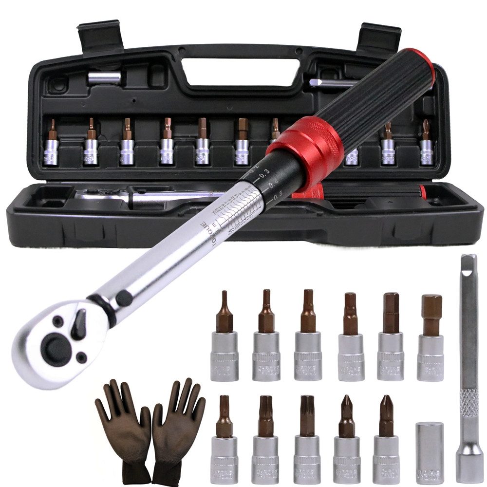Melko Drehmomentschlüssel Drehmomentschlüssel-Set 1/4" 3-25Nm ±3% Fehlergenauigkeit (Set, 15 St., Stück), Antrieb 6,3 mm (1/4), Chrom-Vanadium-Stahl, inkl. Arbeitshandschuhe