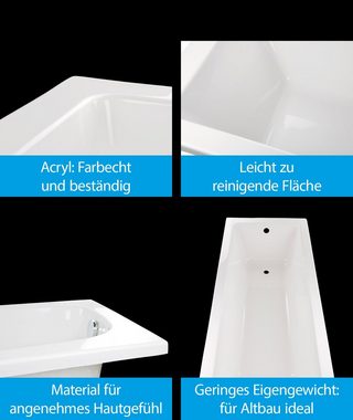aquaSu Badewanne Luxus, (3-tlg), Weiß, 170 x 75 cm, Acryl, Wannenträger und Ablaufgarnitur, 830386