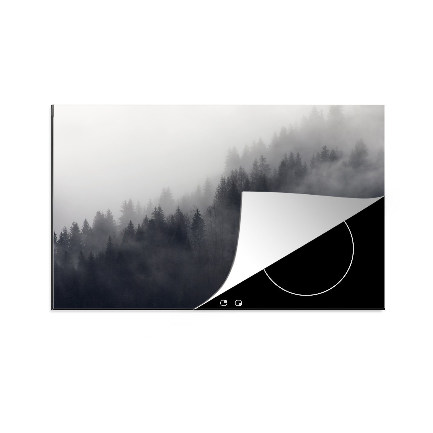 MuchoWow Herdblende-/Abdeckplatte Nebliger Wald bei Berner Oberland, Vinyl, (1 tlg), 81x52 cm, Induktionskochfeld Schutz für die küche, Ceranfeldabdeckung