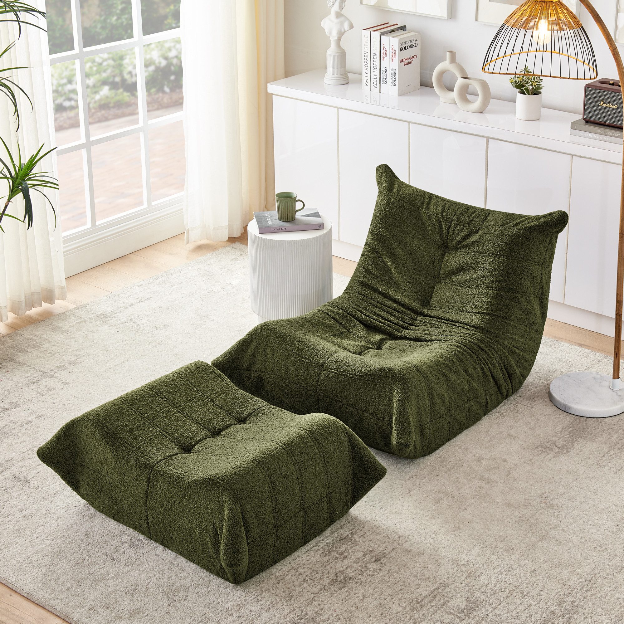 Odikalo Sofa Sitzsack Lazy Sofa mit Rückenlehne und Fußhocker, Weicher Teddyfell-Bohnensack-Bodenlesesessel,Bequemer Einzel-Bodensofa