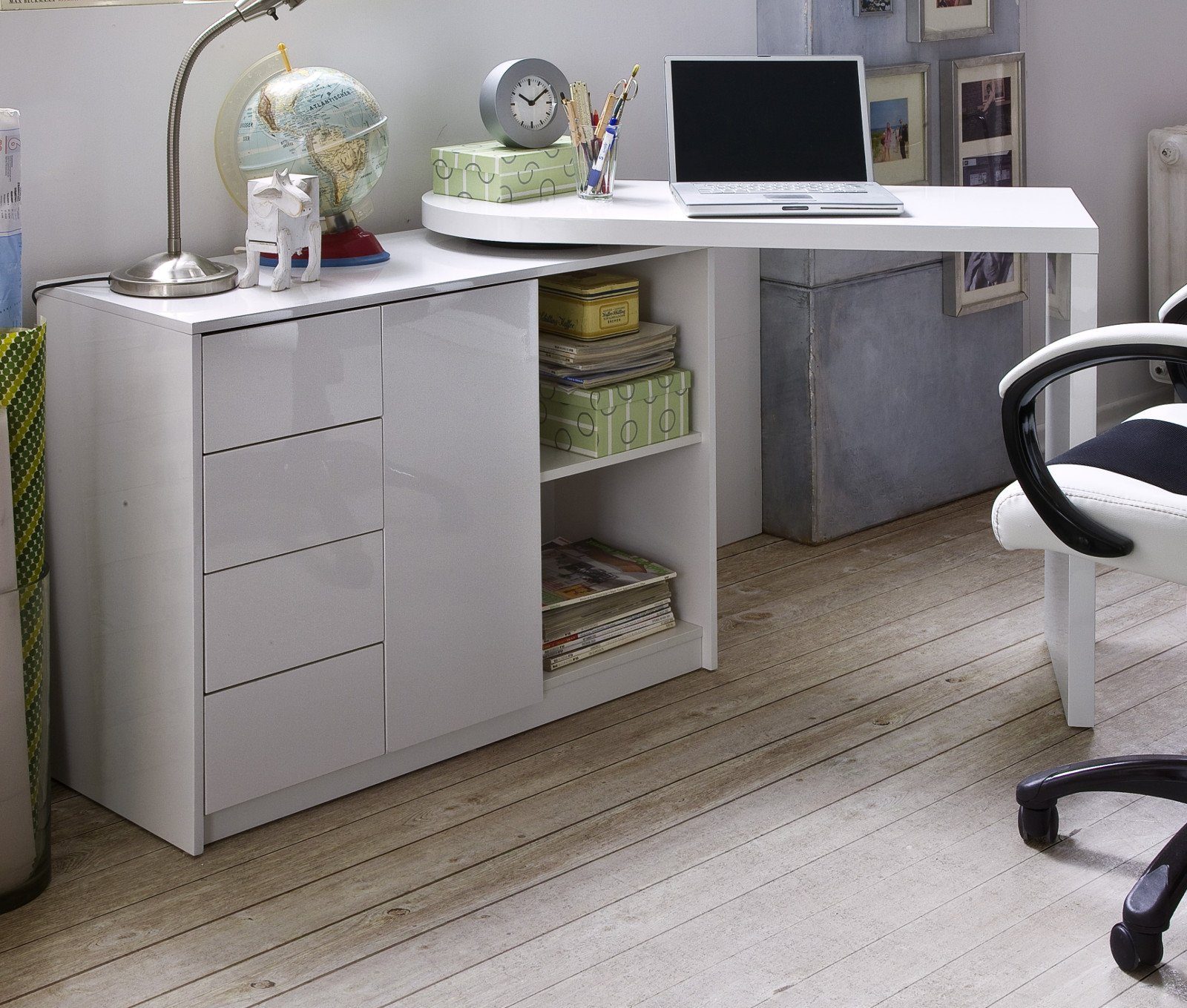 MCA furniture Schreibtisch Matt (Laptoptisch mit schwenkbarer Tischplatte  und Stauraum, weiß Hochglanz), 360° drehbar, Lackiert