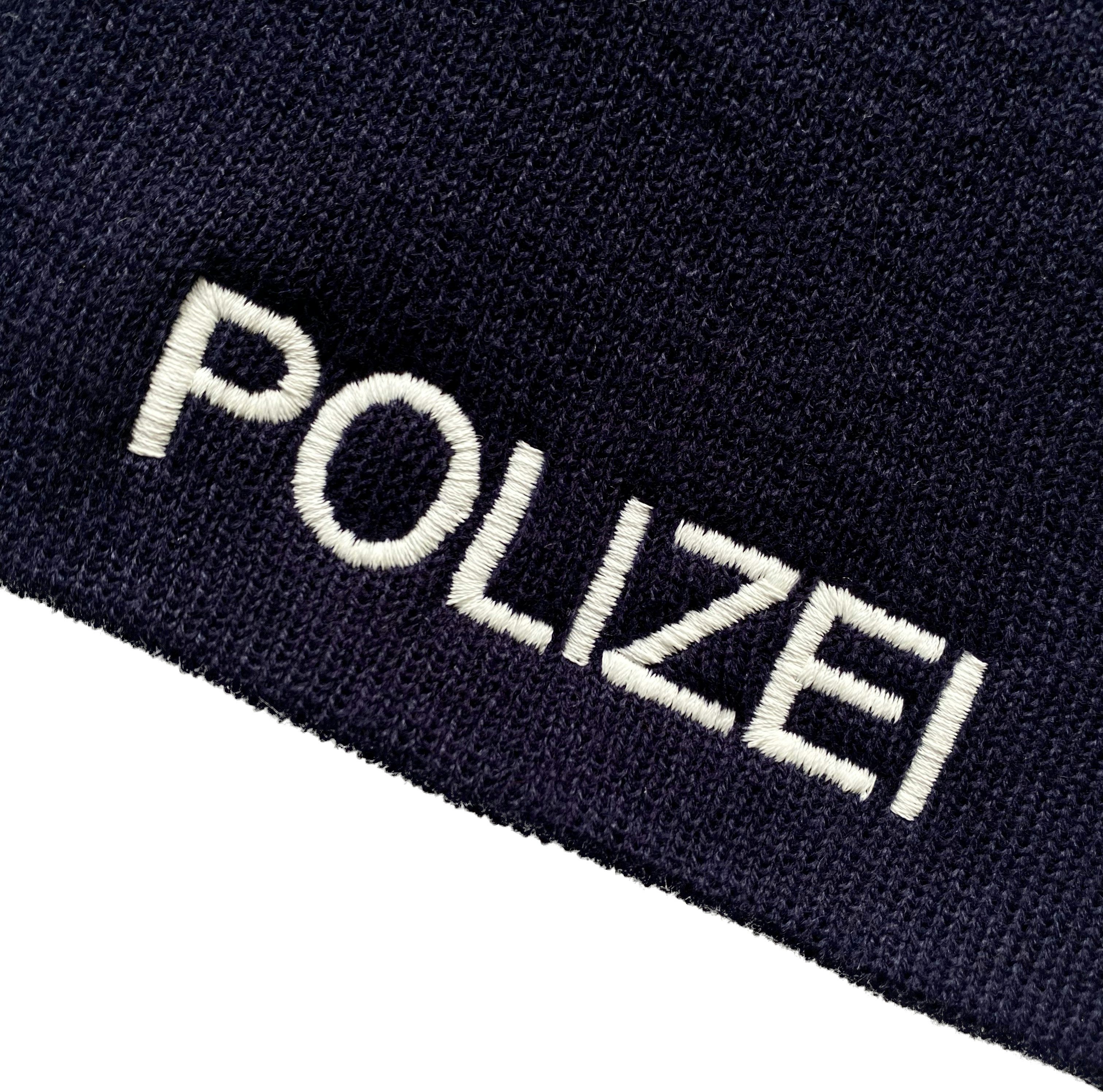 Polizei Mütze) Umschlag Strickmütze Schnoschi Umschlag bestickt mit (Beanie ohne ohne dunkelblau Strickmütze