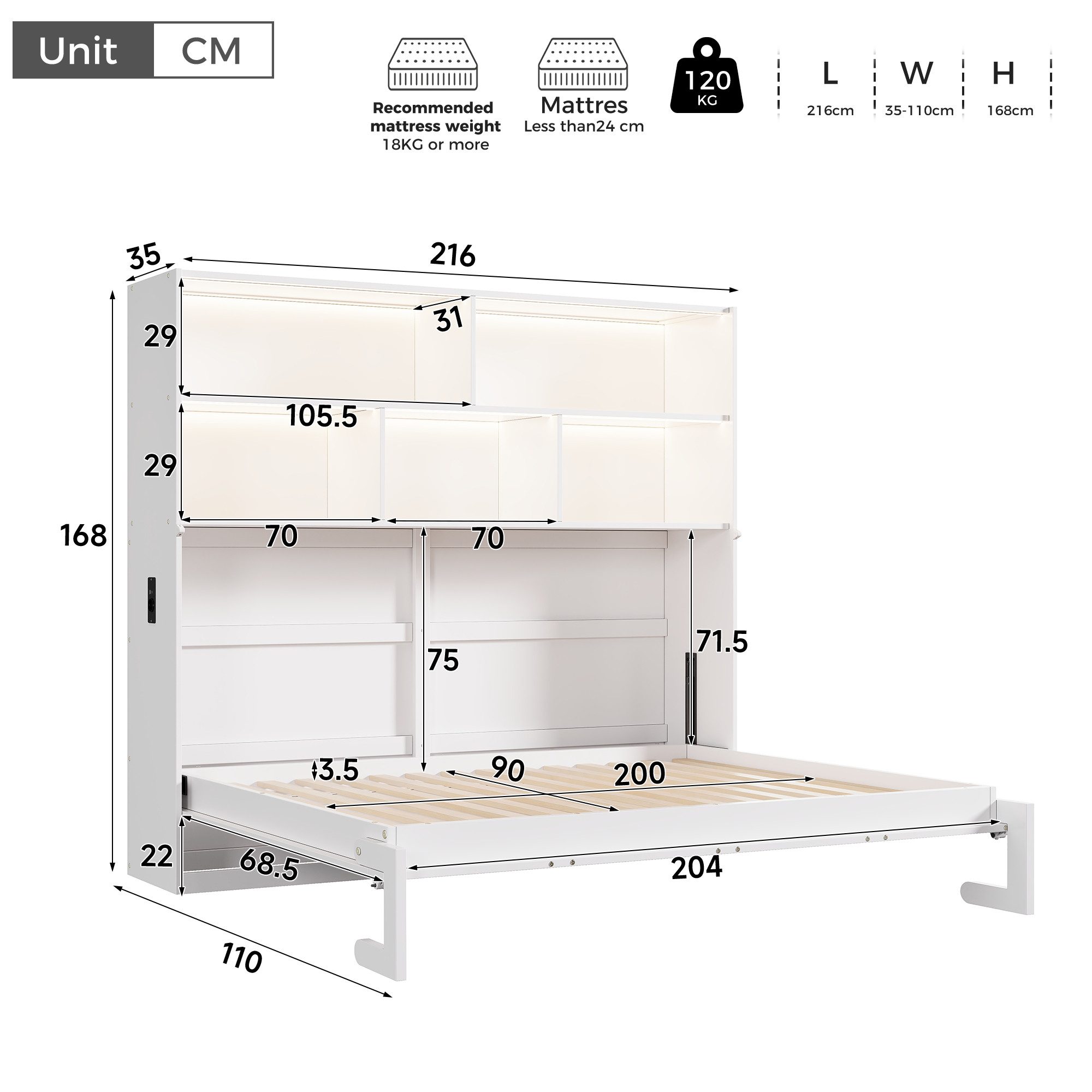 Celya Schrankbett Umwandelbares Einzelbett, Holzbett 90x200cm (ohne Matratze, mit LED-Lichtleiste, USB-Aufladen und Stauraum)