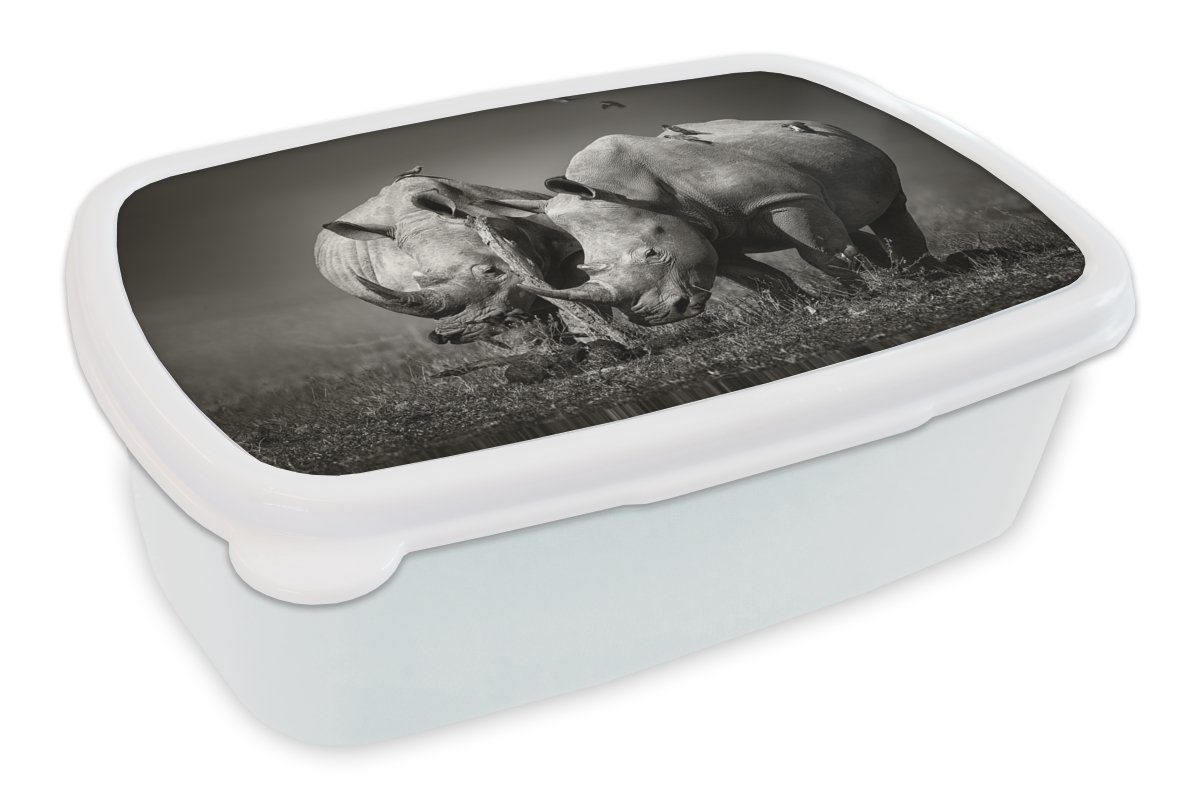 MuchoWow Lunchbox Erwachsene, - und für Kinder Mädchen Brotbox - Jungs weiß, Nashorn Kunststoff, Tiere für und Vogel Landschaft Brotdose, und (2-tlg), Schwarz - 
