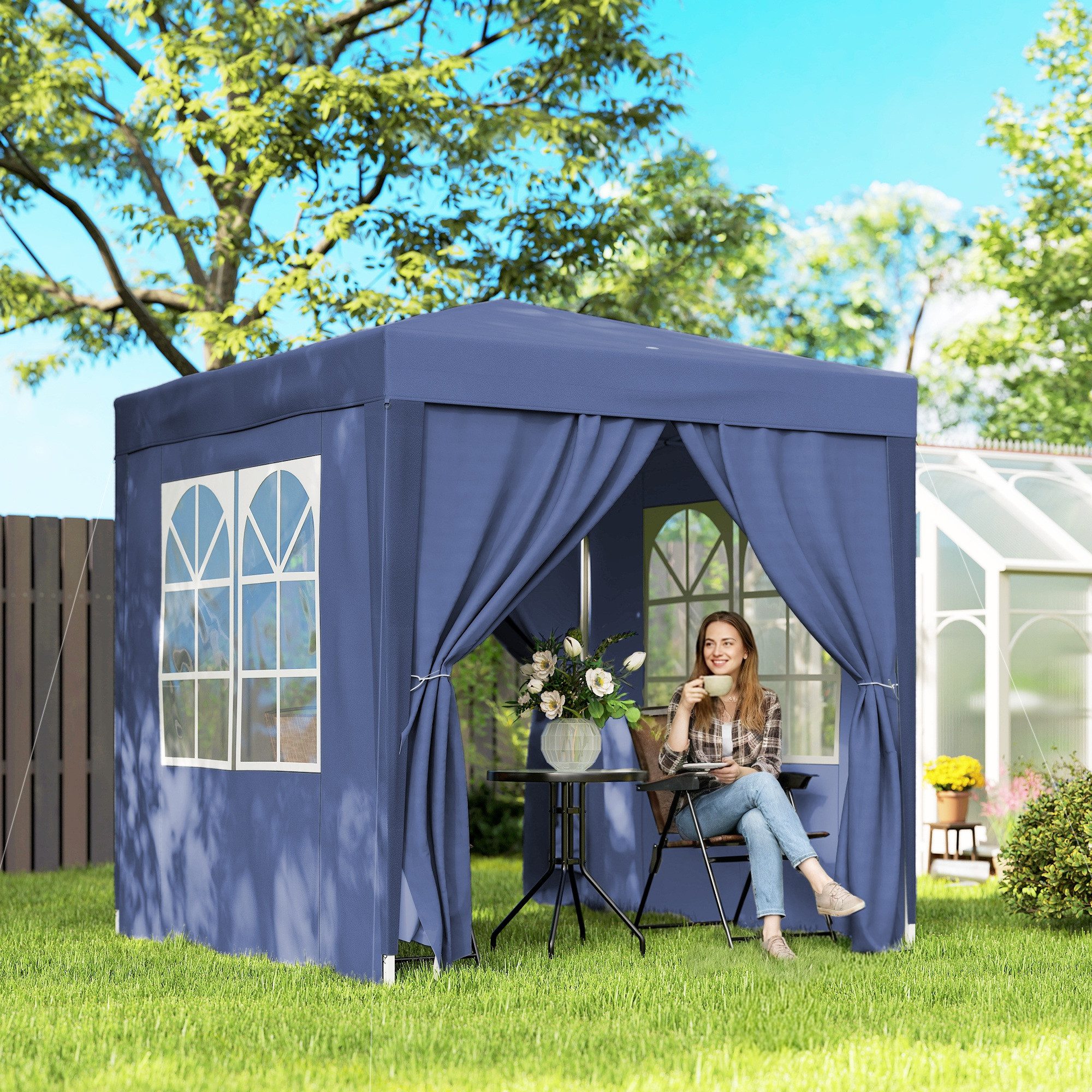 Outsunny Faltpavillon Pavillon 2x2m Wasserdicht, Pop-up, faltbar Partyzelt, UV 30+, mit 4 Seitenteilen, (Pavillon, Festzelt), für Garten, Balkon, Blau