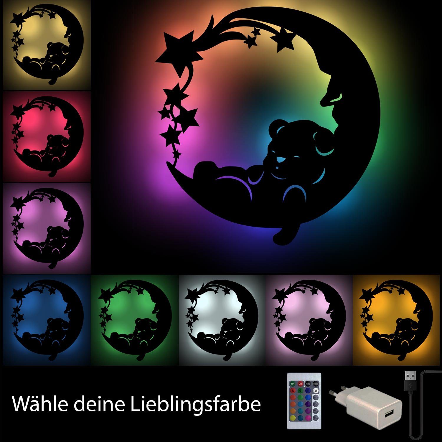 Namofactur Dreams" Farbwechsel "Sweat Schlaflicht Fernbedienung Gold integriert, auf Mond Farbwechsler, LED mit LED Nachtlicht Leuchte Wanddekoobjekt RGB, mit Bär fest - Kinderzimmer