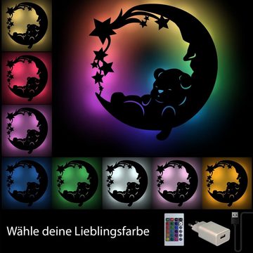 Namofactur LED Nachtlicht "Sweet Dreams" Bär auf Mond - Schlaflicht mit Farbwechsel RGB, LED fest integriert, Farbwechsler, Wanddekoobjekt Kinderzimmer Leuchte mit Fernbedienung