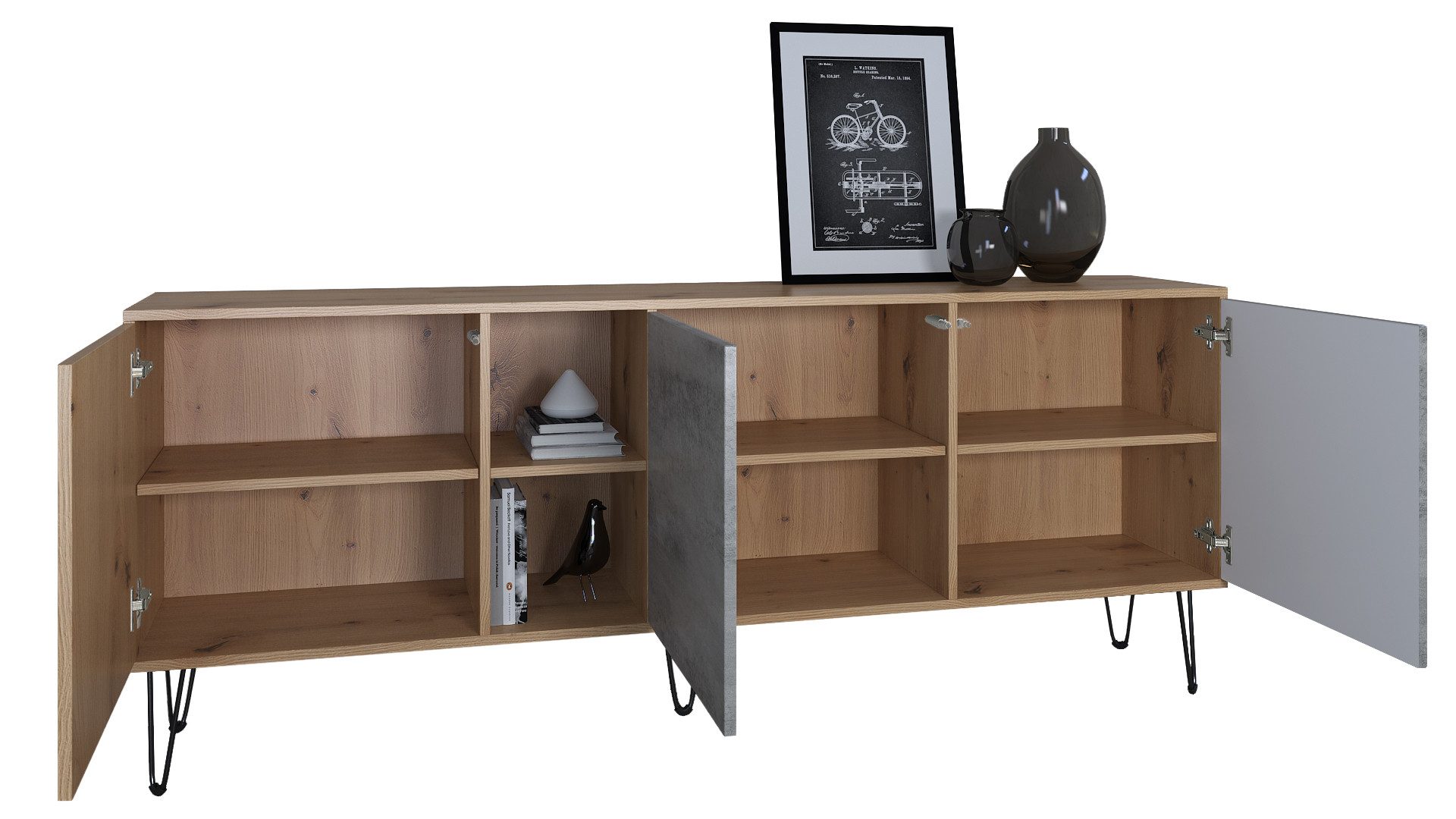 Vladon Sideboard Havana (TV-Schrank mit 3 Türen und 2 offene Fächer, Kommode Made in Germany), Eiche Evoke / Brombeer Hochglanz (181,5 x 73 x 35 cm)