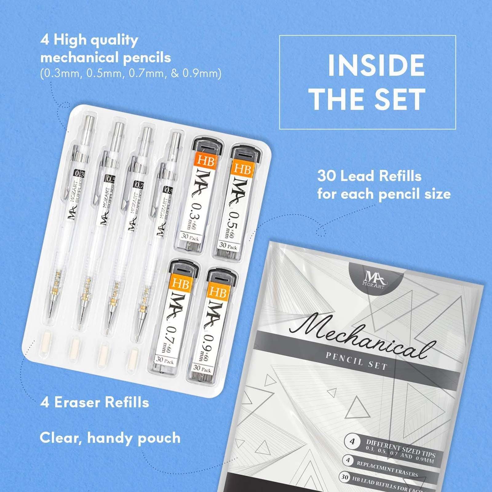 MozArt Supplies Druckbleistift 4er Set Skizzierstifte Minen 0,3 – 0,9mm Bleistift, mit Radiergummis, Ersatzminen & Etui