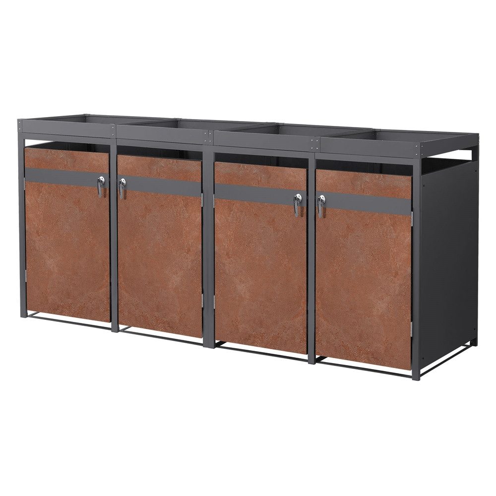 ML-DESIGN Mülltonnenbox Müllbox aus Stahl wetterfeste Mülltonnen Verkleidung Mülltonnengarage, für 4 Tonne 240L 268x80x124cm Anthrazit, Rot-Braun mit Pflanzdach