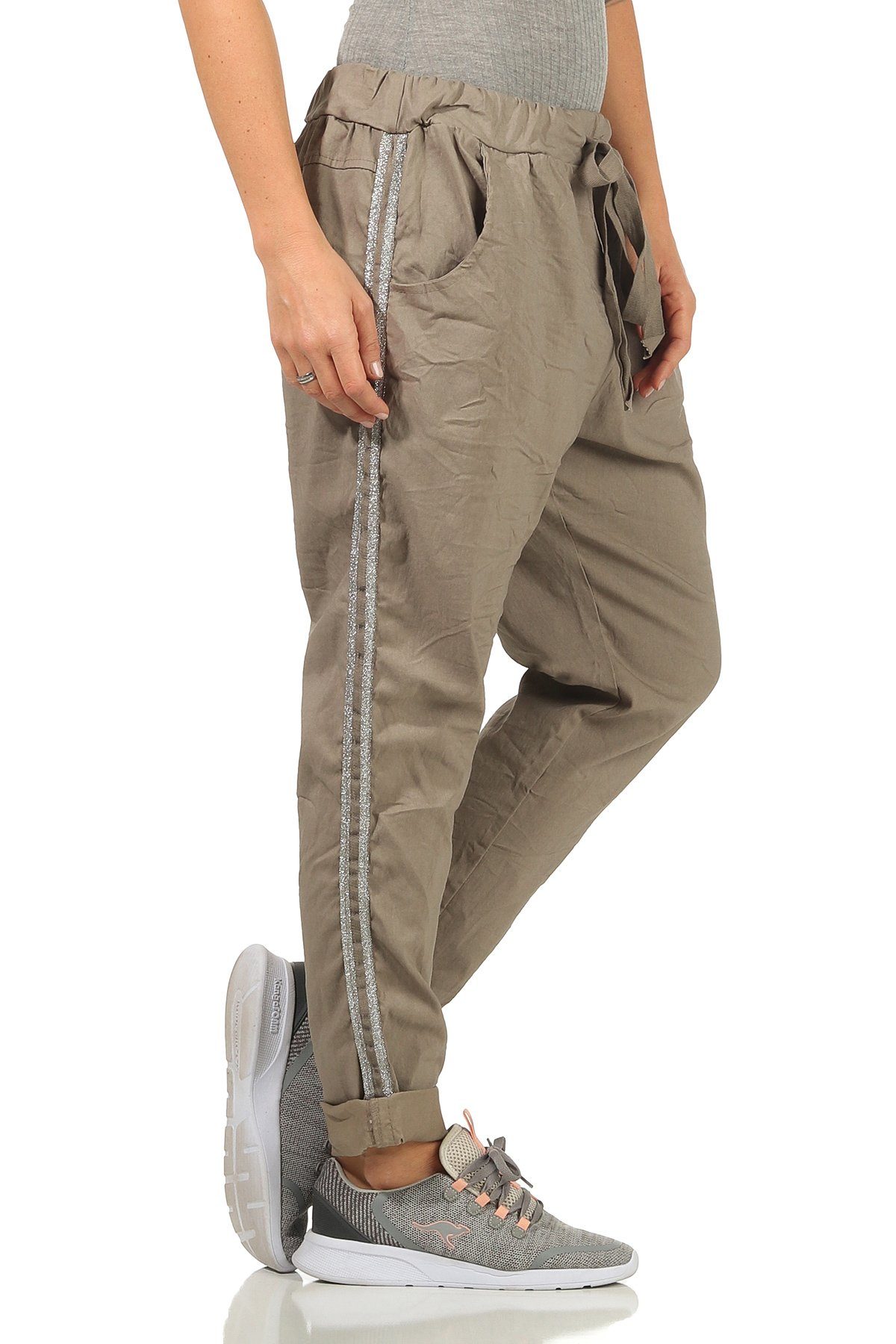 Mississhop Jogginghose Damen Hose Baumwollhose mit Seitlichen Silberstreifen M.348 Fango