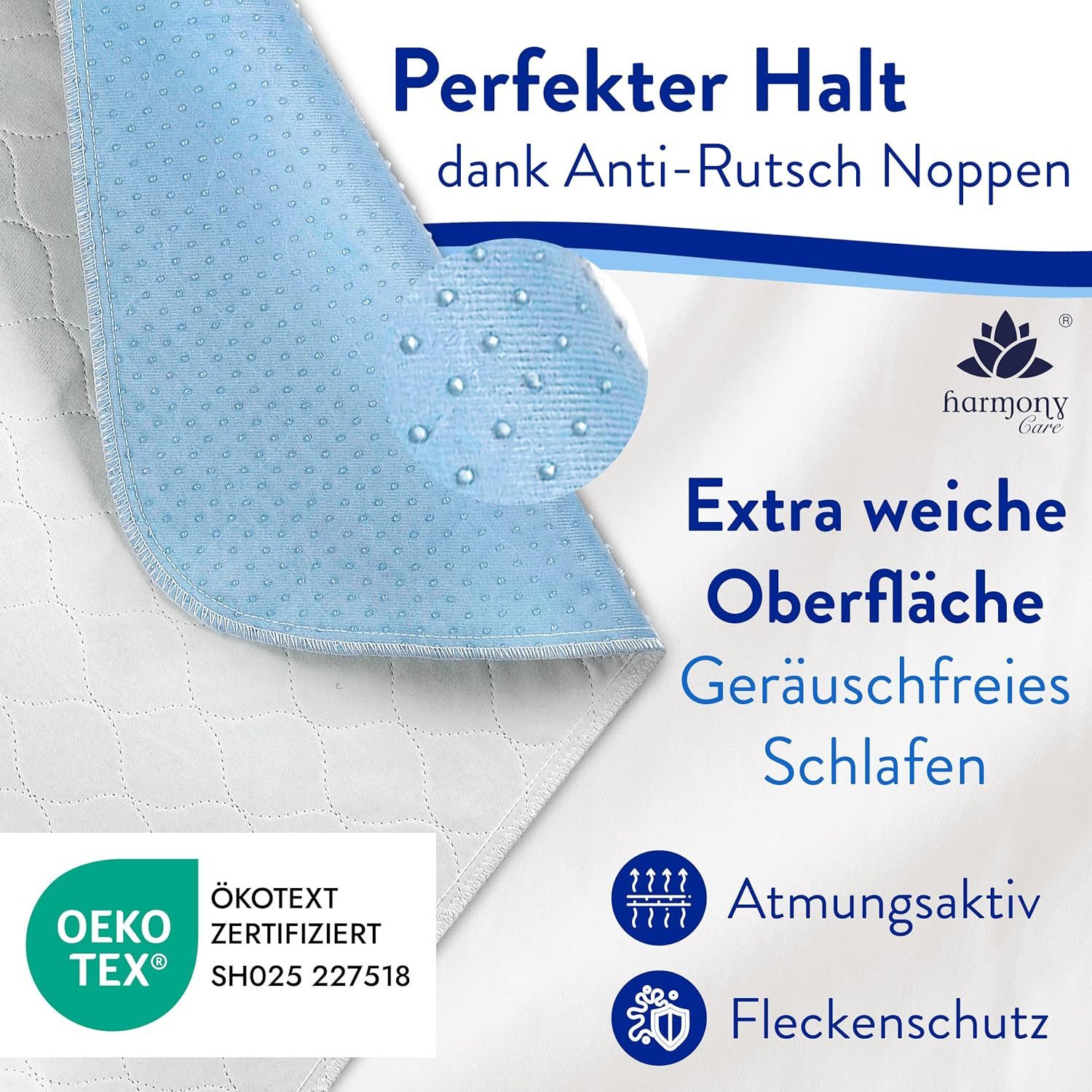 Inkontinenzauflage wasserdicht, Inkontinenzunterlage waschbar, Matratzenschoner Harmony Care, Matratzenschutz, wasserdichte Betteinlage mit Anti-Rutsch Noppen