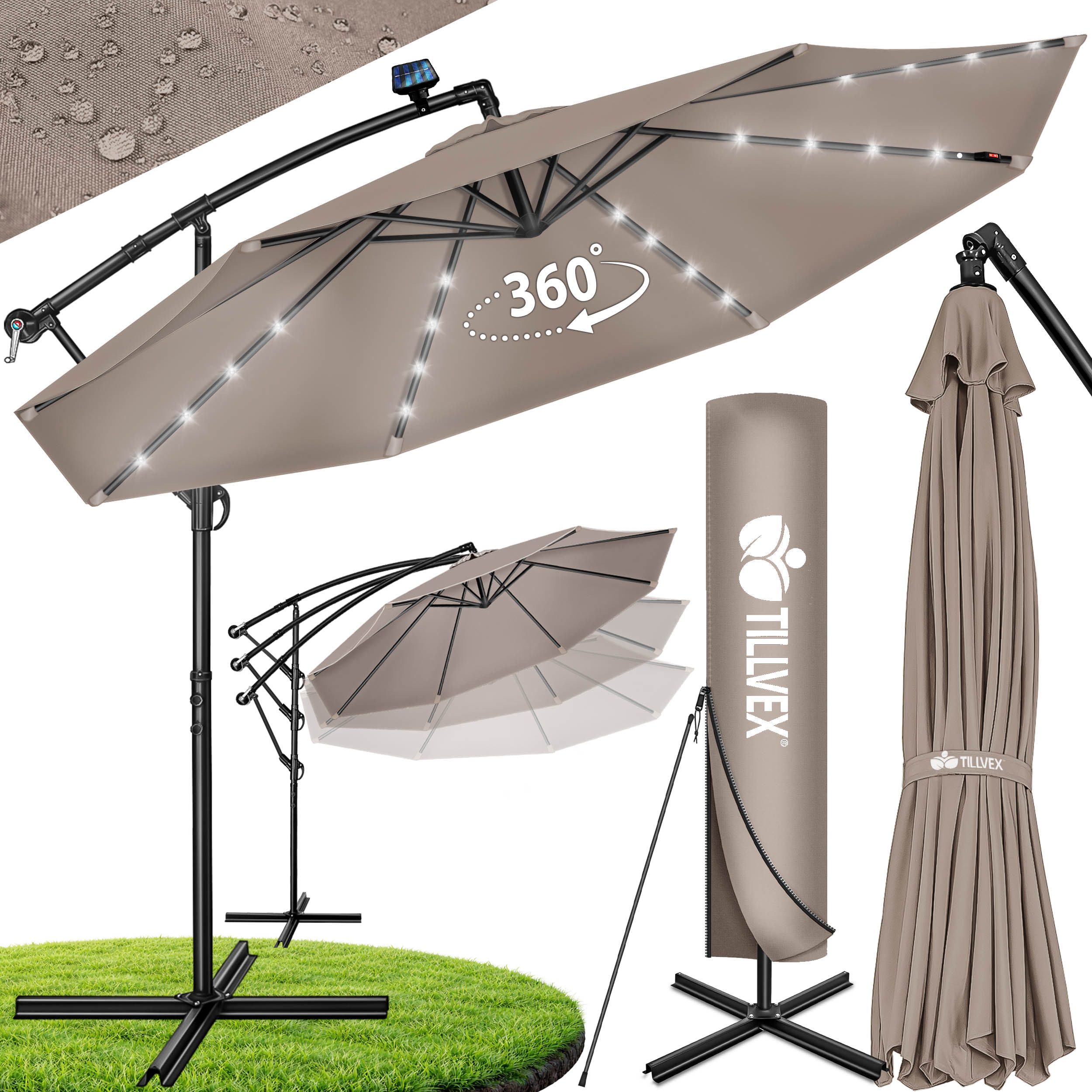 tillvex Sonnenschirm tillvex® Sonnenschirm LED Solar Ø 3m Ampelschirm Balkon Gartenschirm, Alu Ampelschirm + Abdeckung LED Solar Ø 350 cm mit Kurbel, Abdeckung + Ständer, Gartenschirm UV-Schutz Aluminium, Kurbelschirm Marktschirm wasserdicht 360° drehbar