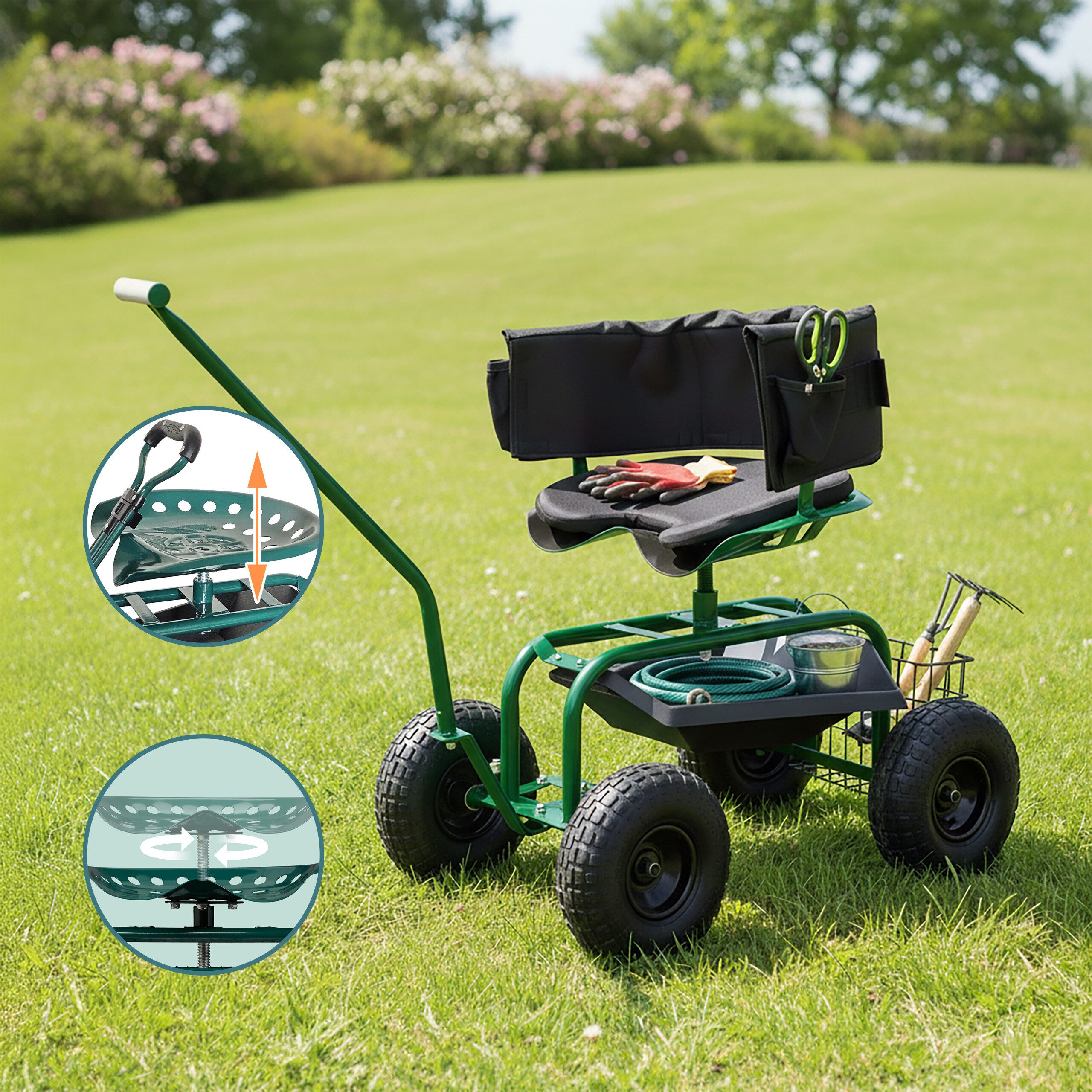 relaxdays Rollsitz Fahrbarer Gartensitz mit Stauraum (1 St), grün – Bild 3 von 5