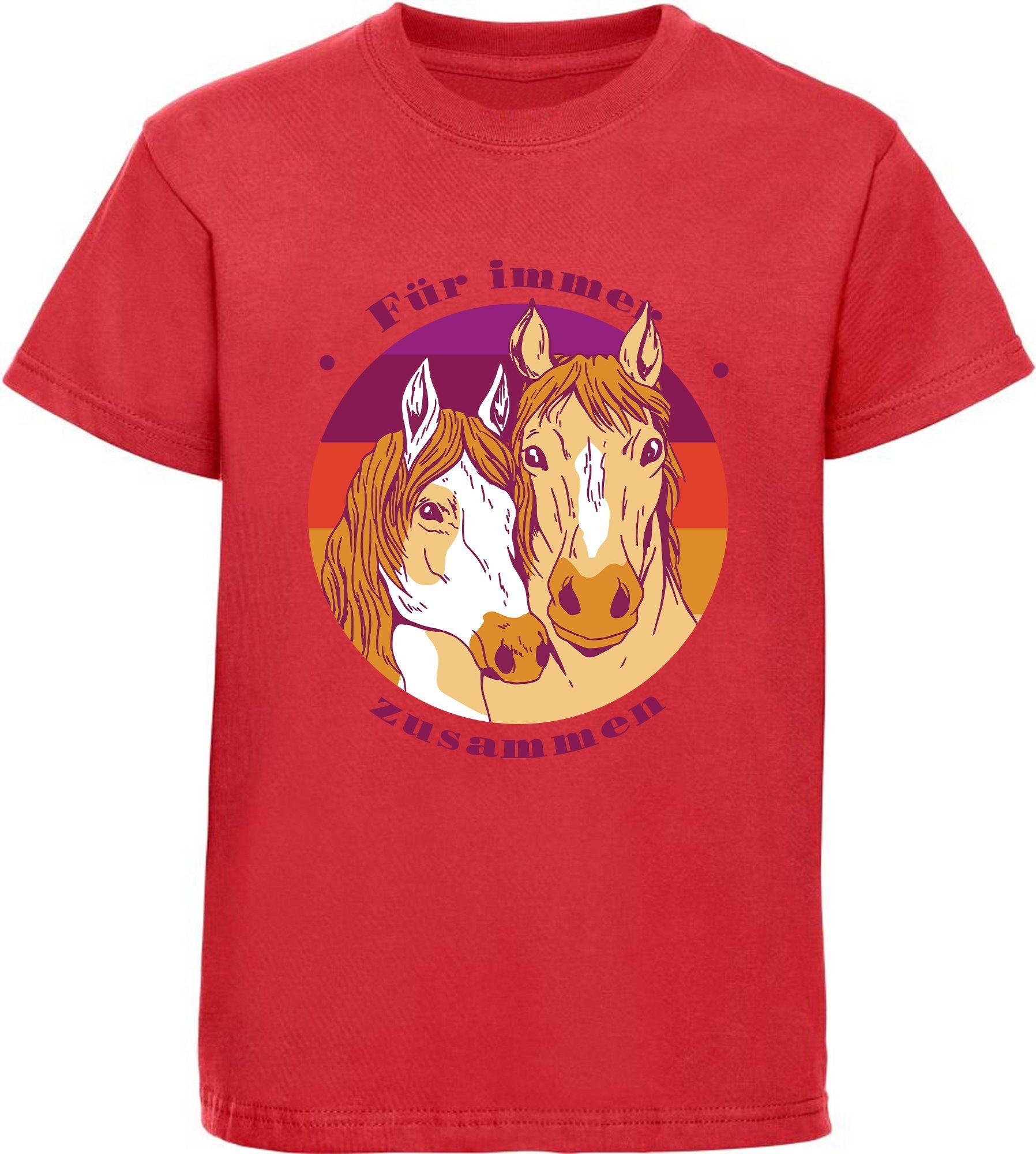 Pferdeköpfe Baumwollshirt T-Shirt Mädchen MyDesign24 rot mit i148 Print-Shirt zwei Aufdruck, bedrucktes