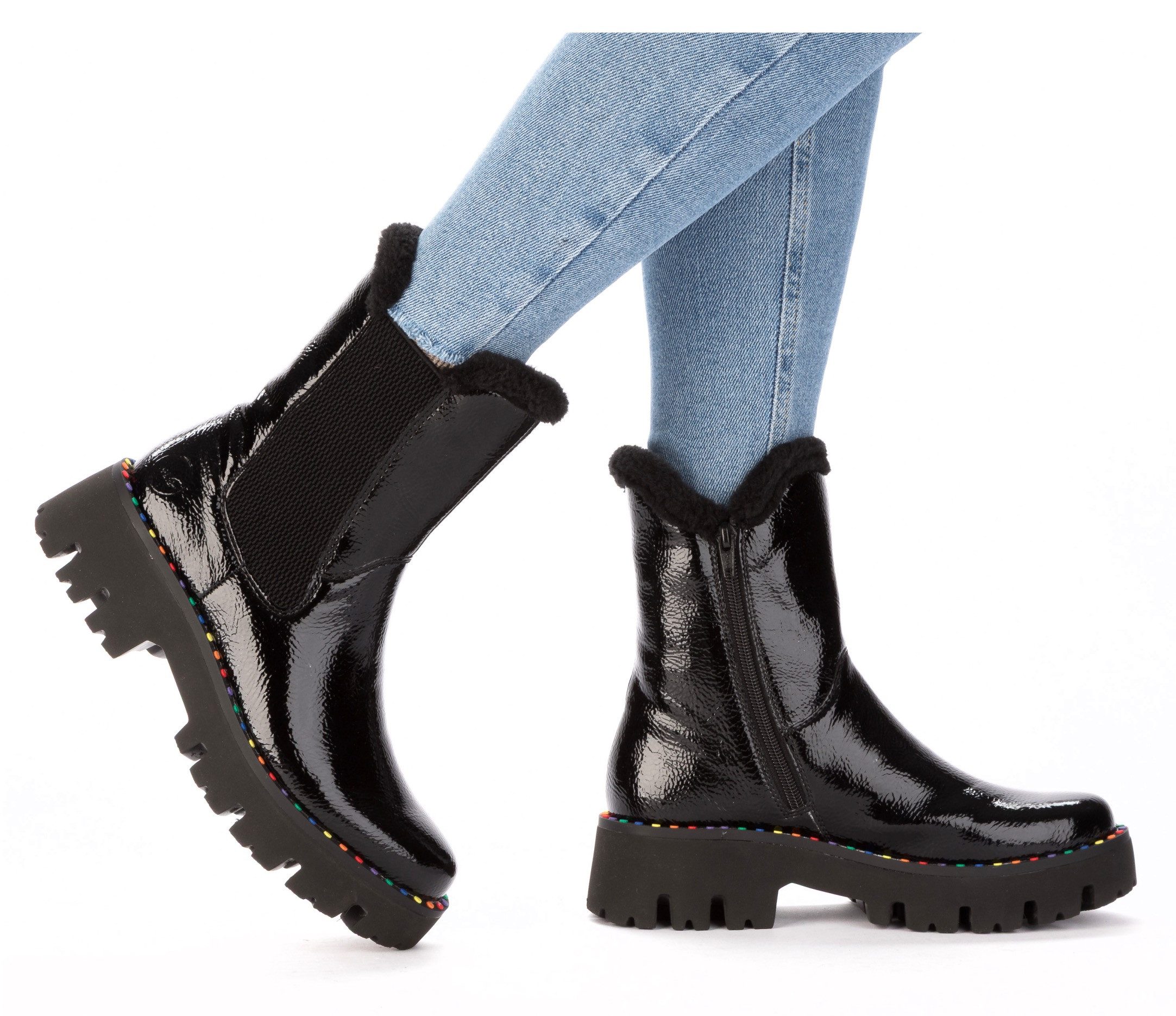 Rieker Winterstiefelette Plateauboots, Winterboots, Lack-Stiefelette mit buntem Sohlenrand