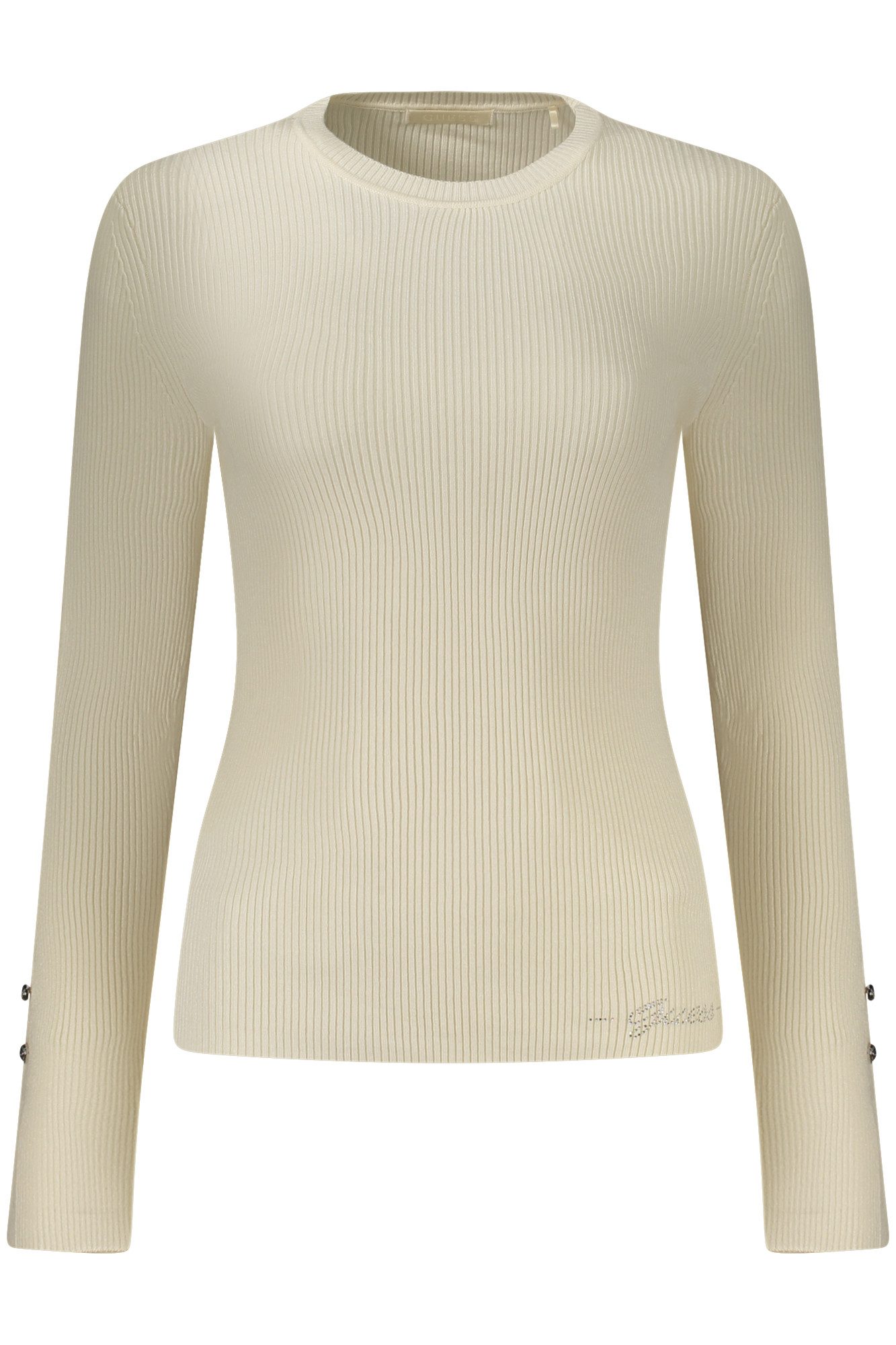 GUESS JEANS Strickpullover Weißer Damenpullover mit Strass & Strukturärmeln - Modischer Chic