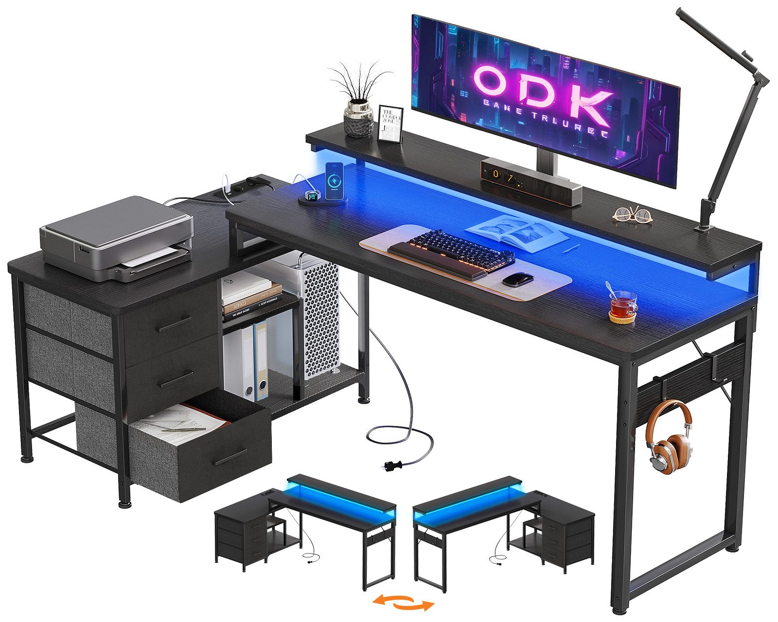 ODK Schreibtisch L Form mit Schubladen, Umkehrbar Eckschreibtisch mit LED günstig online kaufen