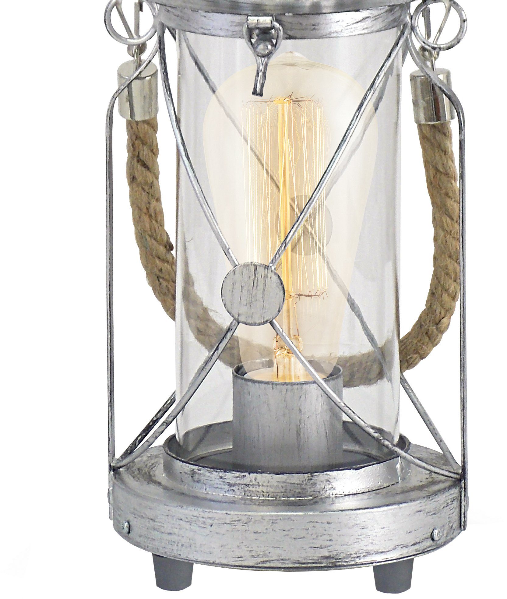 EGLO Tischleuchte BRADFORD Tischlampe, E27, IP20, Stahl und Glas, Vintage, Retro, Lampe, Ein-/Ausschalter, ohne Leuchtmittel, Tischleuchte, H33 x Ø14 cm, silber-antik, 1X60W exkl.