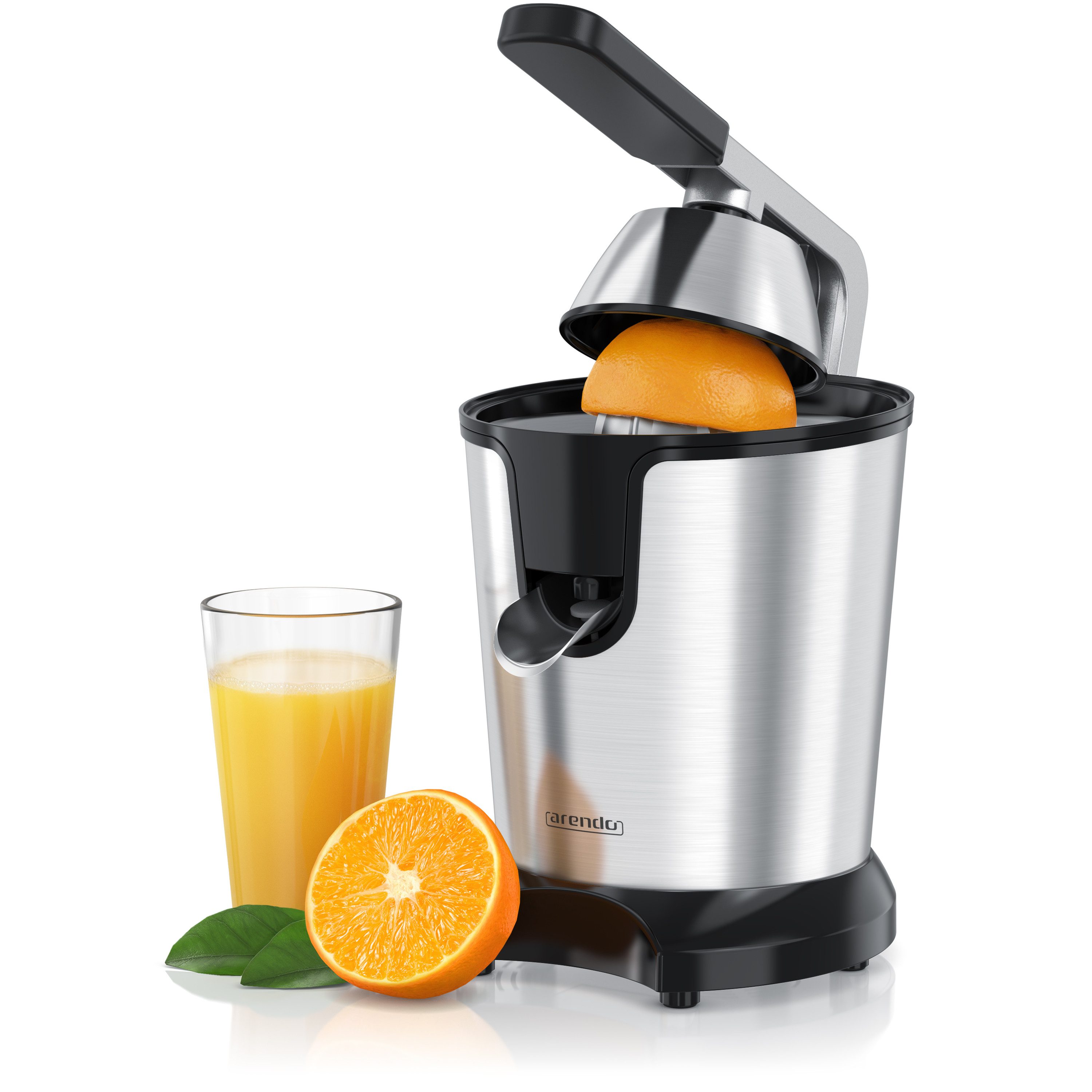 Arendo Entsafter Saftpresse elektrisch, Zitruspresse, Orangenpresse, Edelstahlkegel, 1000 W, 0,45 L Behälter, 2 Presskegel, spülmaschinengeeignet, BPA frei