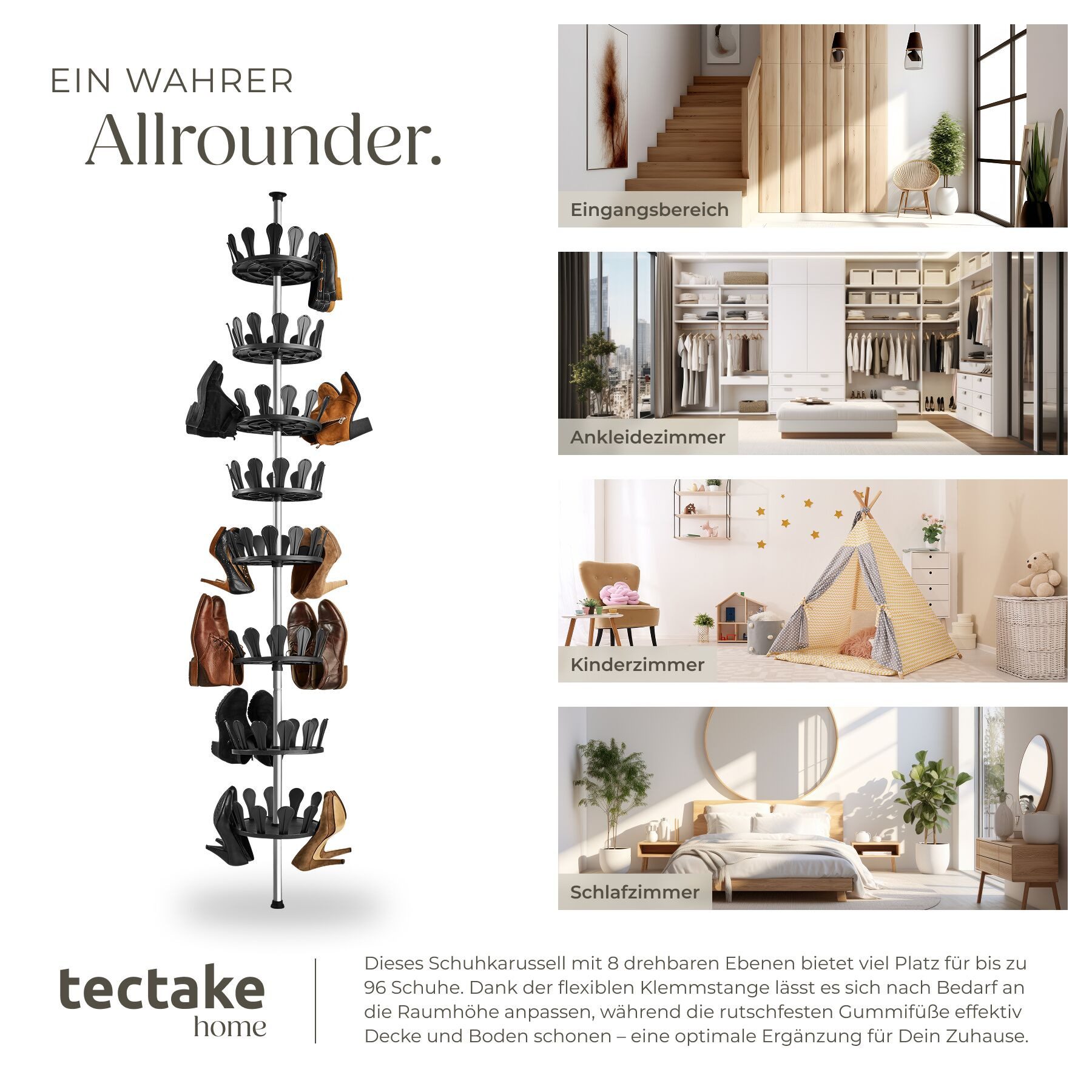 tectake Schuhregal Schuhaufbewahrung aus Kunststoff und Stahl, 26,5 x 100-300 cm, Schuhablage 1-tlg., 8 drehbare Ebenen für 96 Schuhe, variabler Aufbau im Steck – Bild 4 von 5