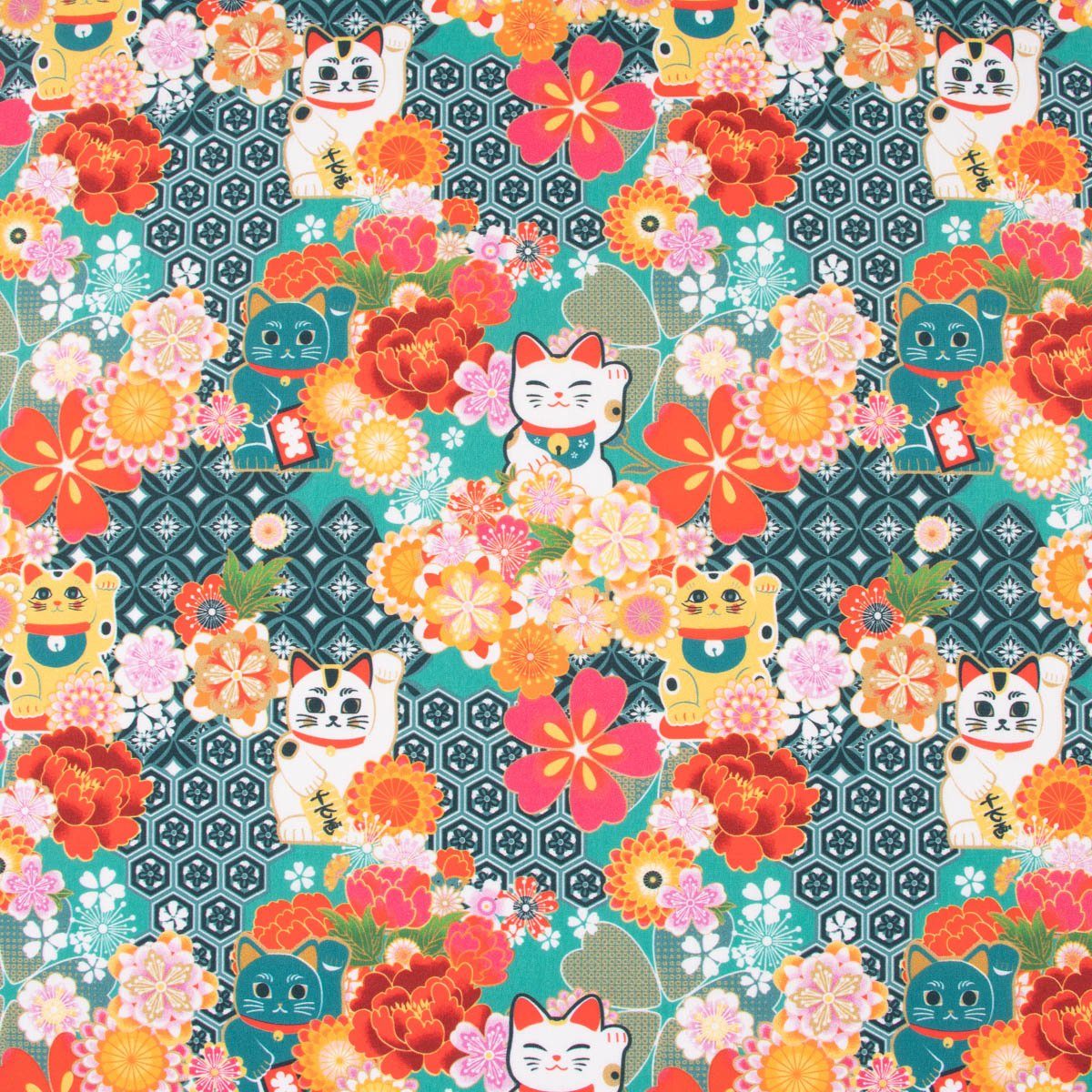 SCHÖNER LEBEN. Stoff Baumwollstoff Digitaldruck MIYUKI Winkekatze Blumen türkis bunt 1,5m