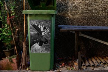 MuchoWow Wandsticker Elch mit großem Geweih aus der Nähe - schwarz-weiß (1 St), Mülleimer-aufkleber, Mülltonne, Sticker, Container, Abfalbehälter