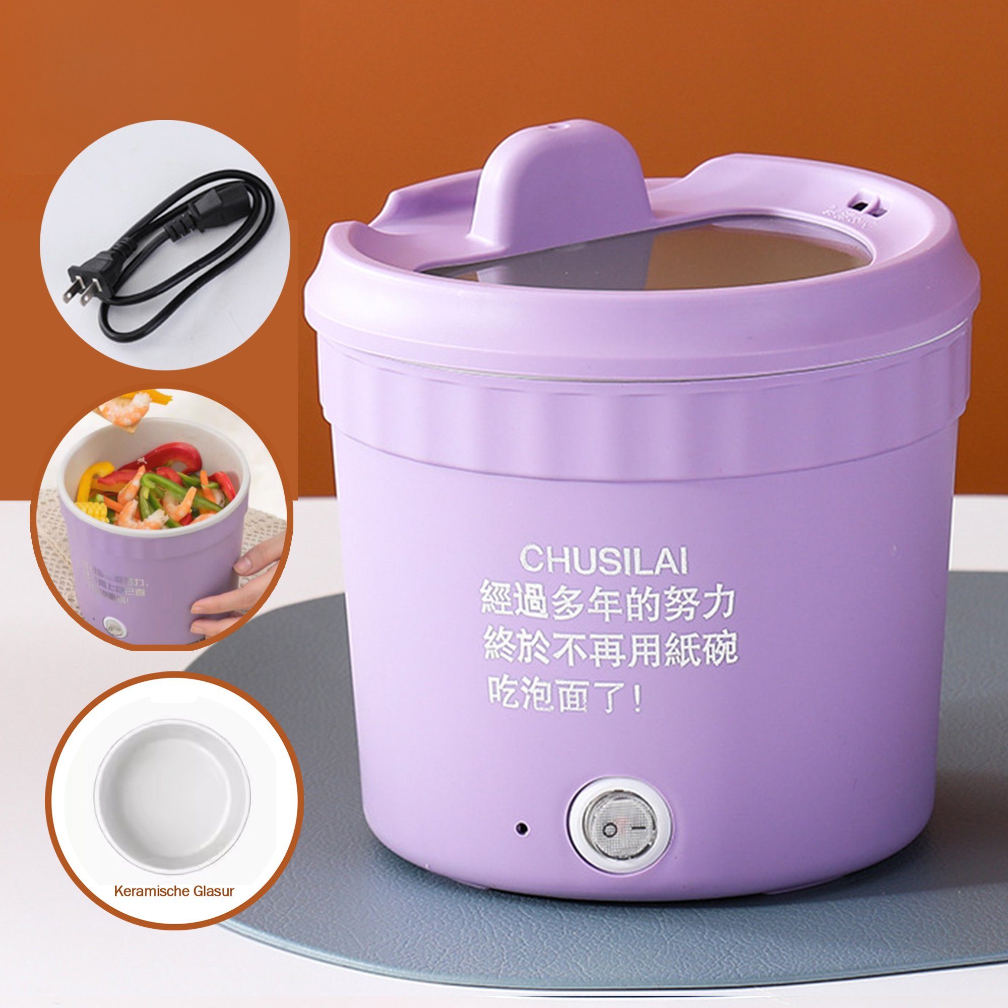 Multikocher Mini KUGI für Nudelkocher,Mini Tragbare Pot Elektrische 1L Elektrischer Hot Suppe 450W Keramische Ramen Schneller Pfanne Glasur-04-lila Tragbarer,