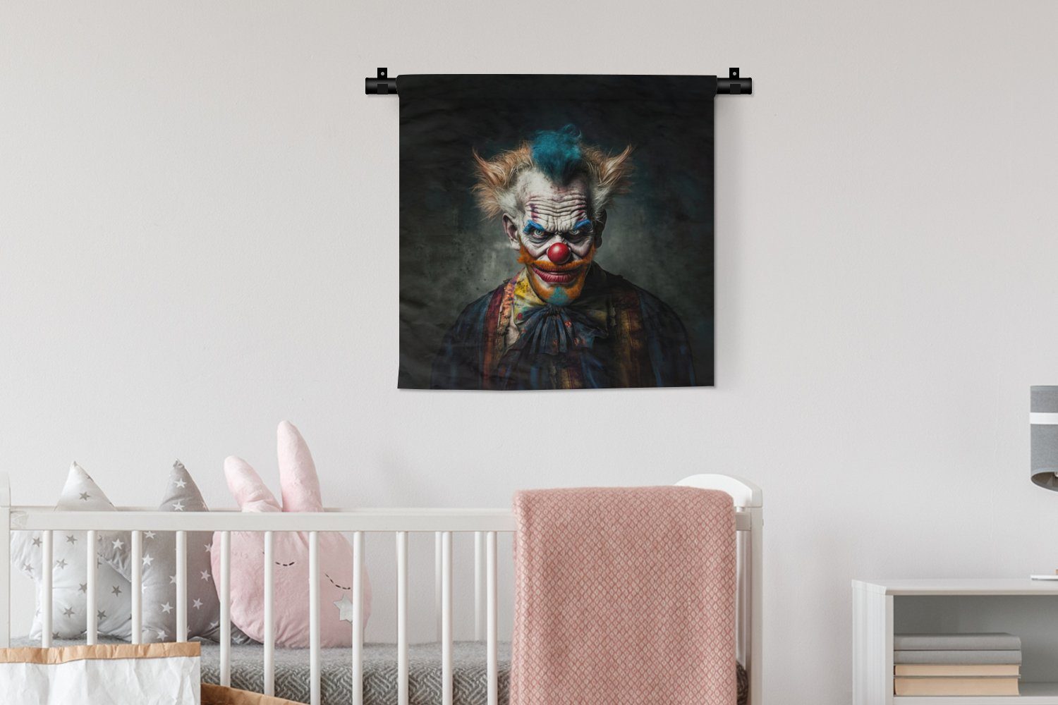 Kinderzimmer Clown MuchoWow - Wandbehang, Porträt - Kleidung, Wohnzimmer, - - für Clownsnase Wanddekoobjekt Make-up Kleid, Schlafzimmer, Wanddeko