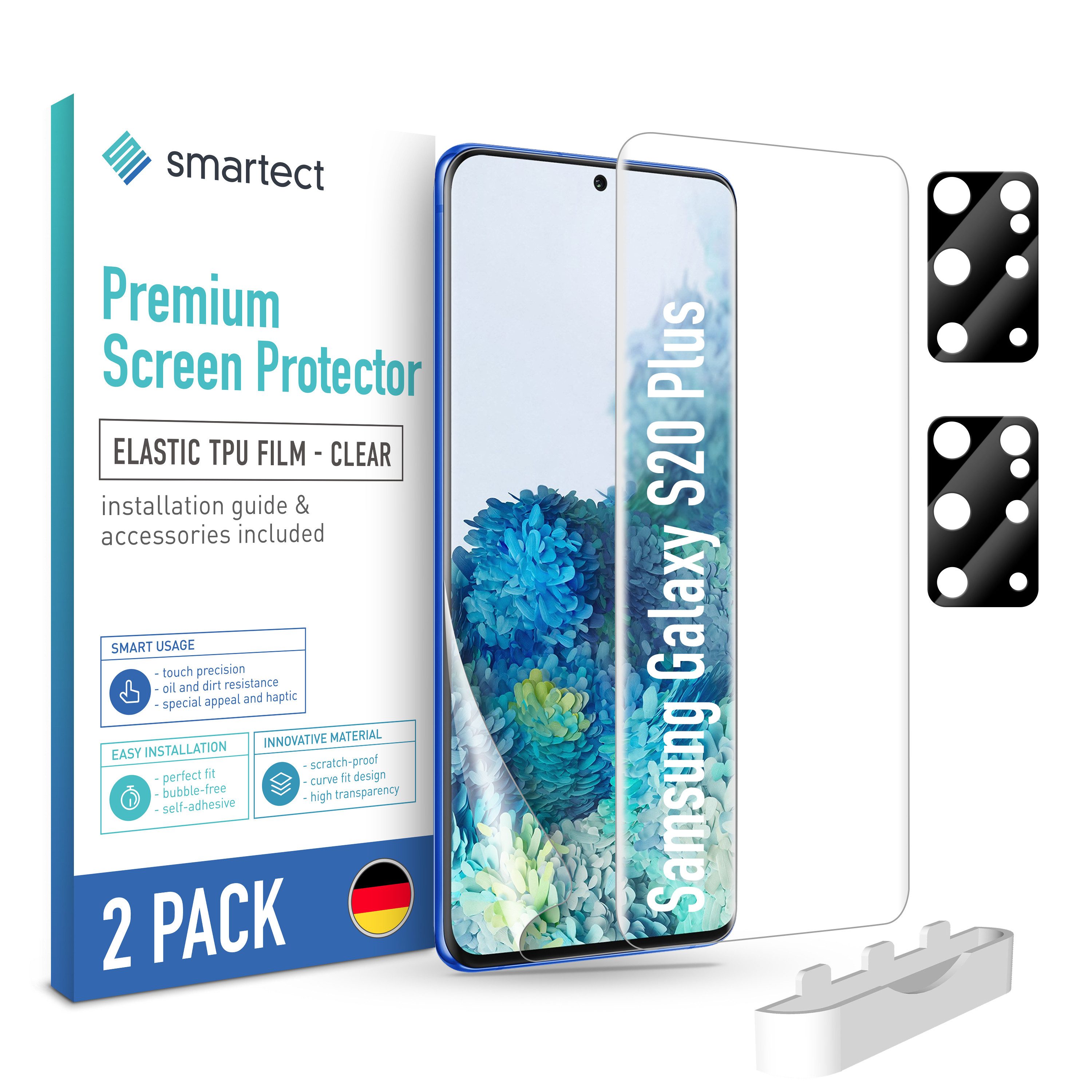 smartect Displayschutzfolie TPU Schutzfolie 2 + 2 Stück für Galaxy S20 Plus (Display + Kamera) für Samsung Galaxy S20 Plus, Set, 2 Stück, Ultra-klar, Kratzfest, Blasenfrei, Oleophob, Fingerabdruck kompatibel